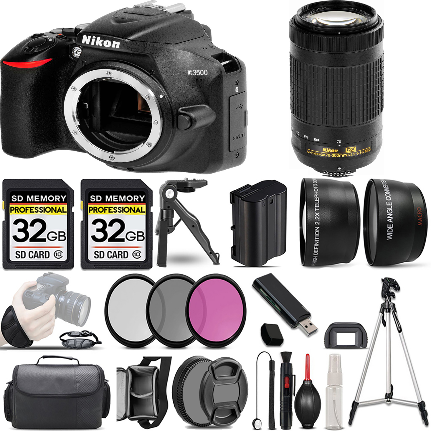 D3500 DSLR Camera (Body Only) + 70- 300mm Lens + 3 Piece Filter Set + 64GB *FREE SHIPPING*