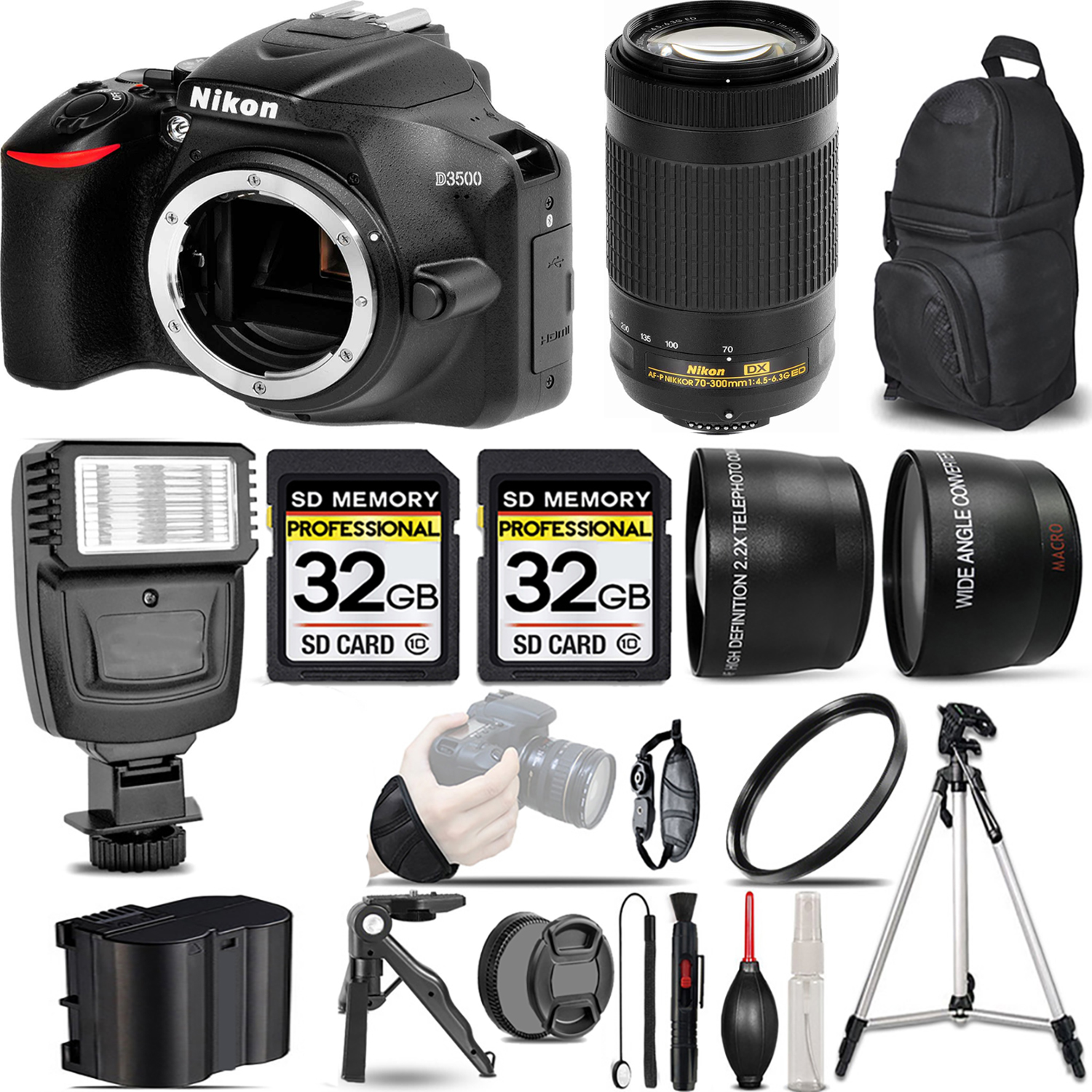 D3500 DSLR Camera (Body Only) + 70- 300mm Lens + Flash + 64GB -  Kit *FREE SHIPPING*