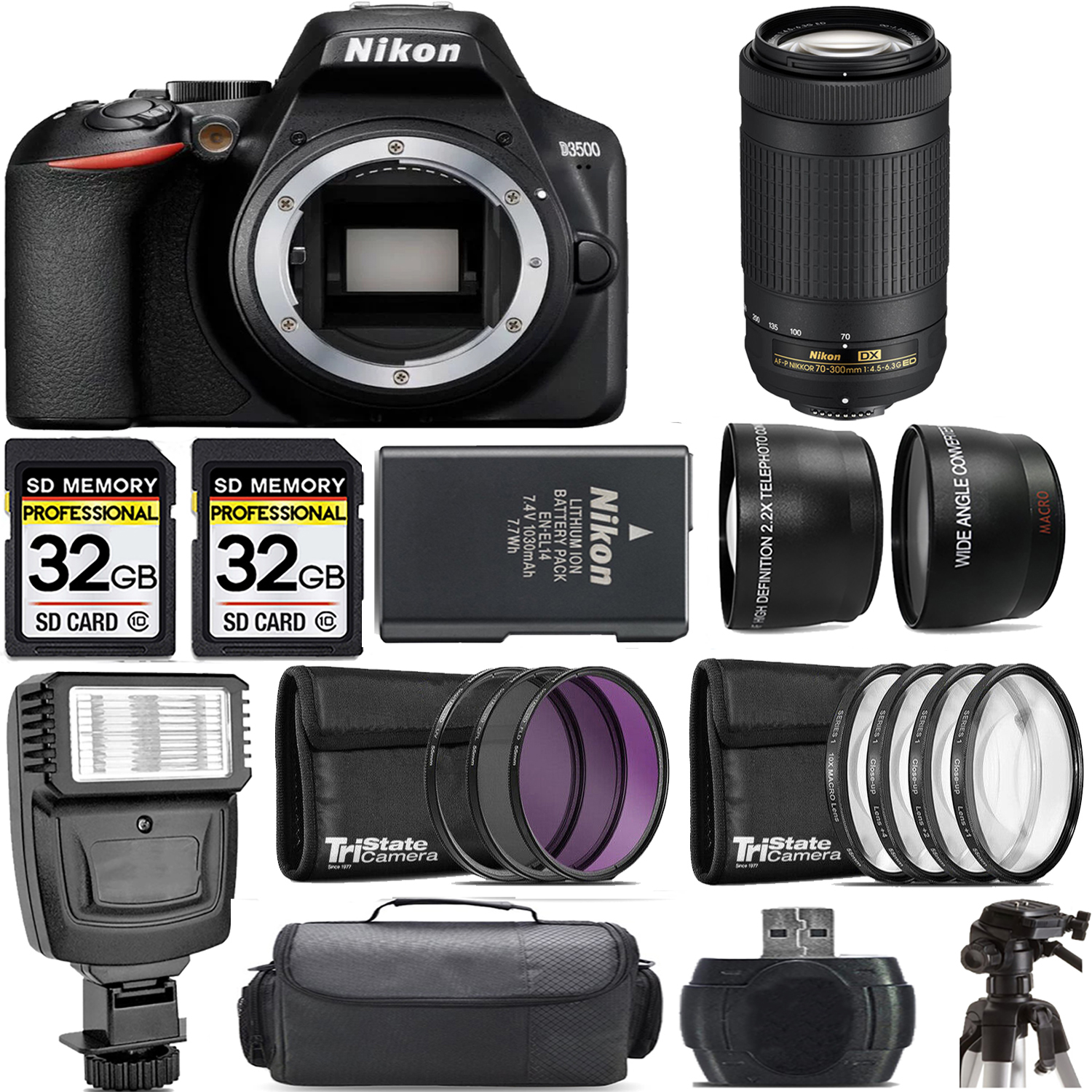 D3500 DSLR Camera (Body Only) + 70- 300mm Lens + Flash - Kit *FREE SHIPPING*
