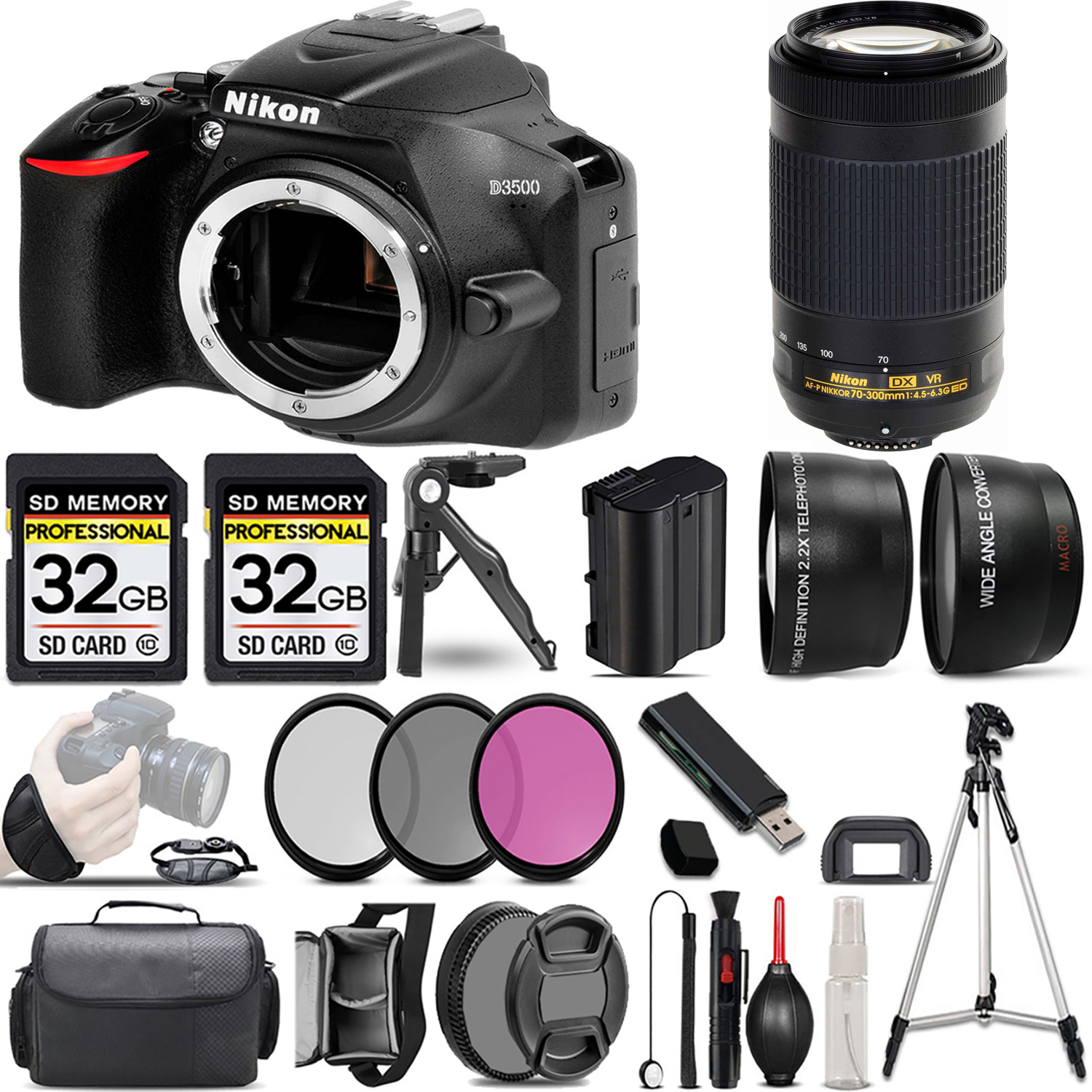 D3500 DSLR Camera (Body Only) + 70- 300mm VR Lens + 3 Piece Filter Set + 64GB *FREE SHIPPING*