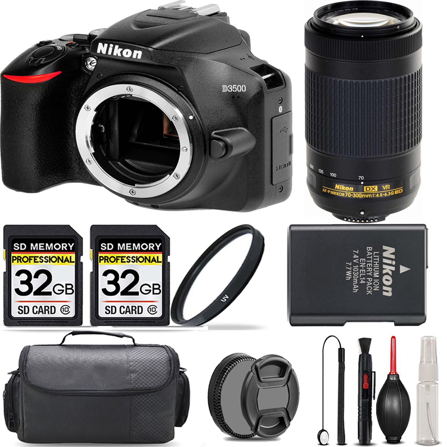 D3500 DSLR Camera (Body Only) + 70- 300mm VR Lens + UV Filter + 64GB  & More! *FREE SHIPPING*