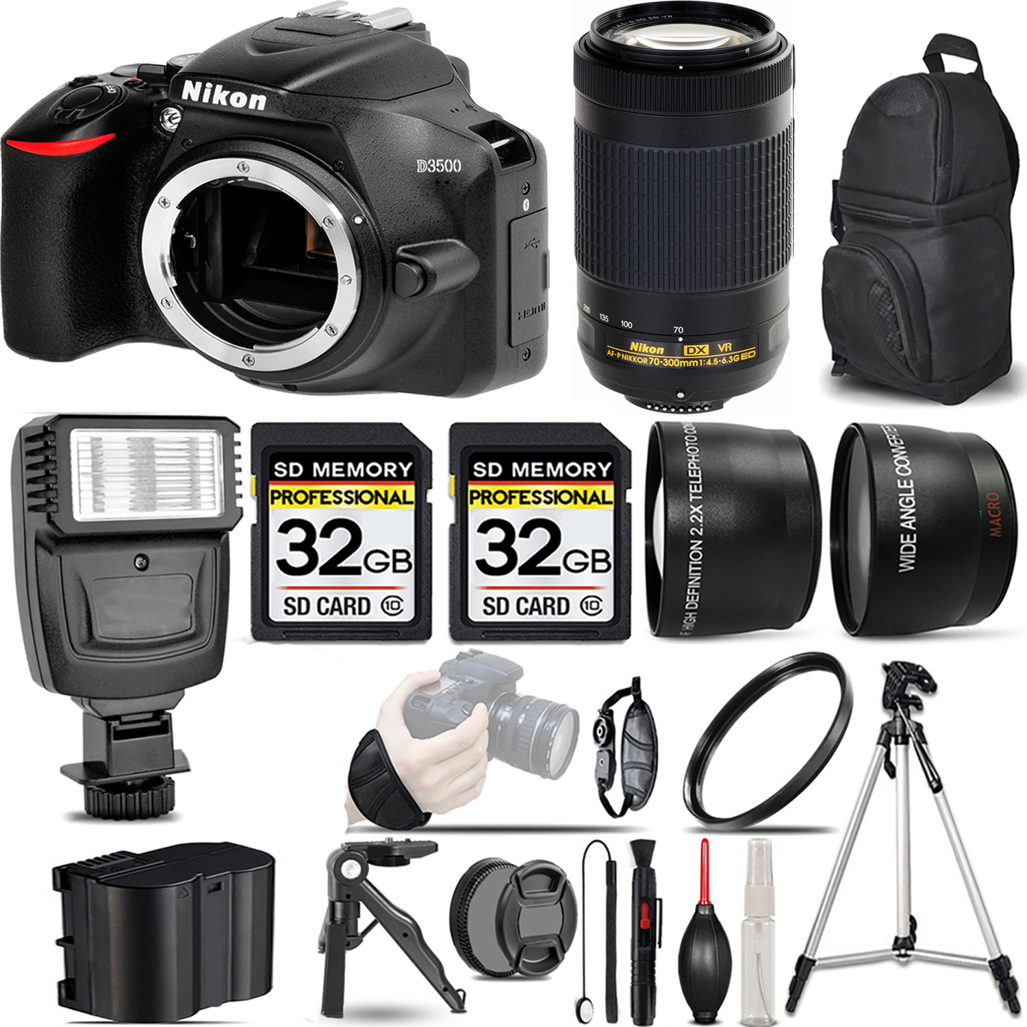 D3500 DSLR Camera (Body Only) + 70- 300mm VR Lens + Flash + 64GB -  Kit *FREE SHIPPING*