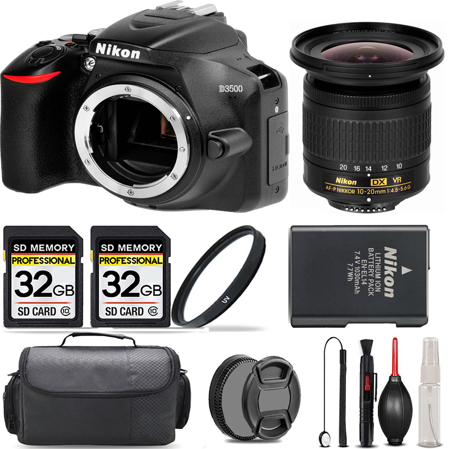 D3500 DSLR Camera (Body Only) + 10-20mm Lens + UV Filter + 64GB  & More! *FREE SHIPPING*