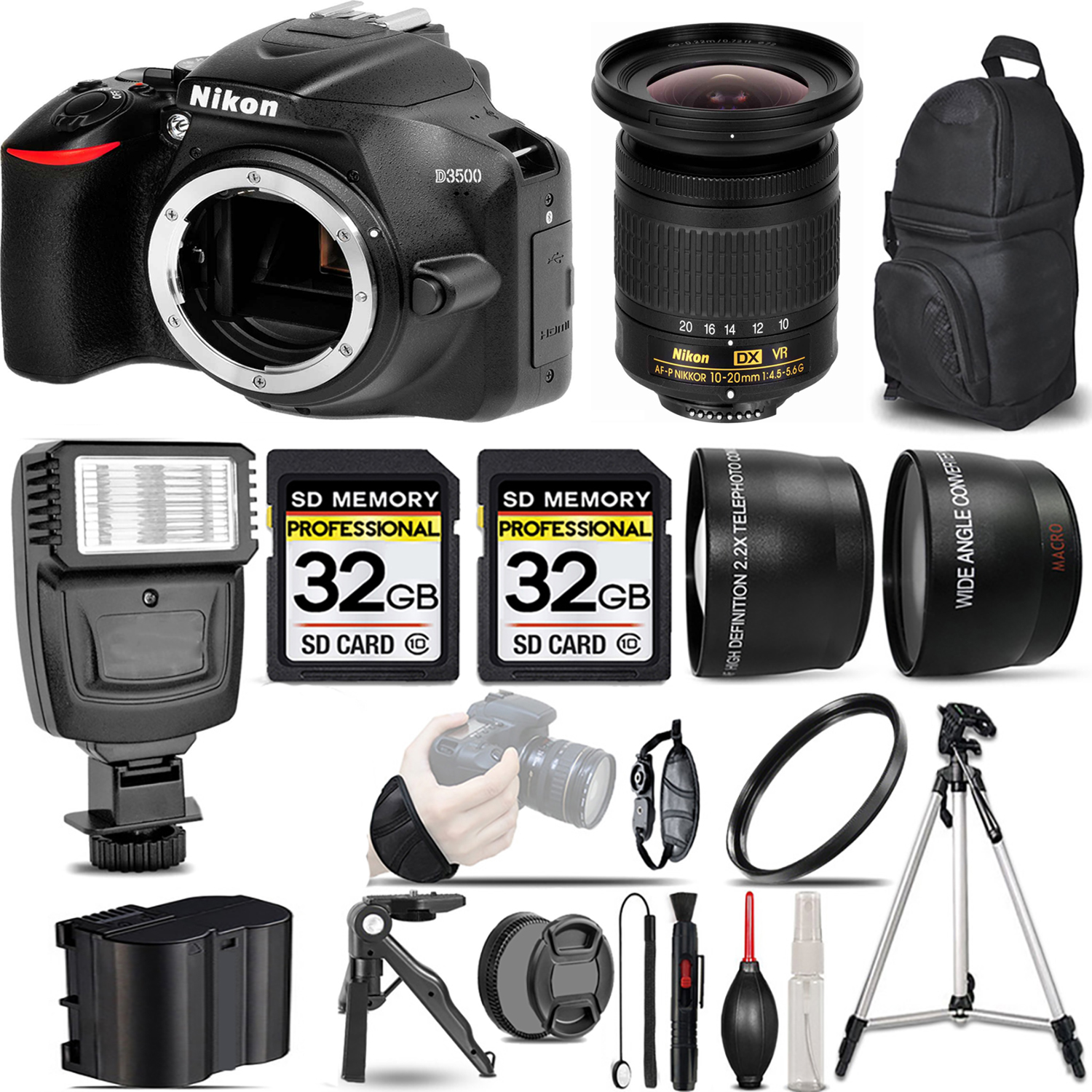 D3500 DSLR Camera (Body Only) + 10-20mm Lens + Flash + 64GB -  Kit *FREE SHIPPING*