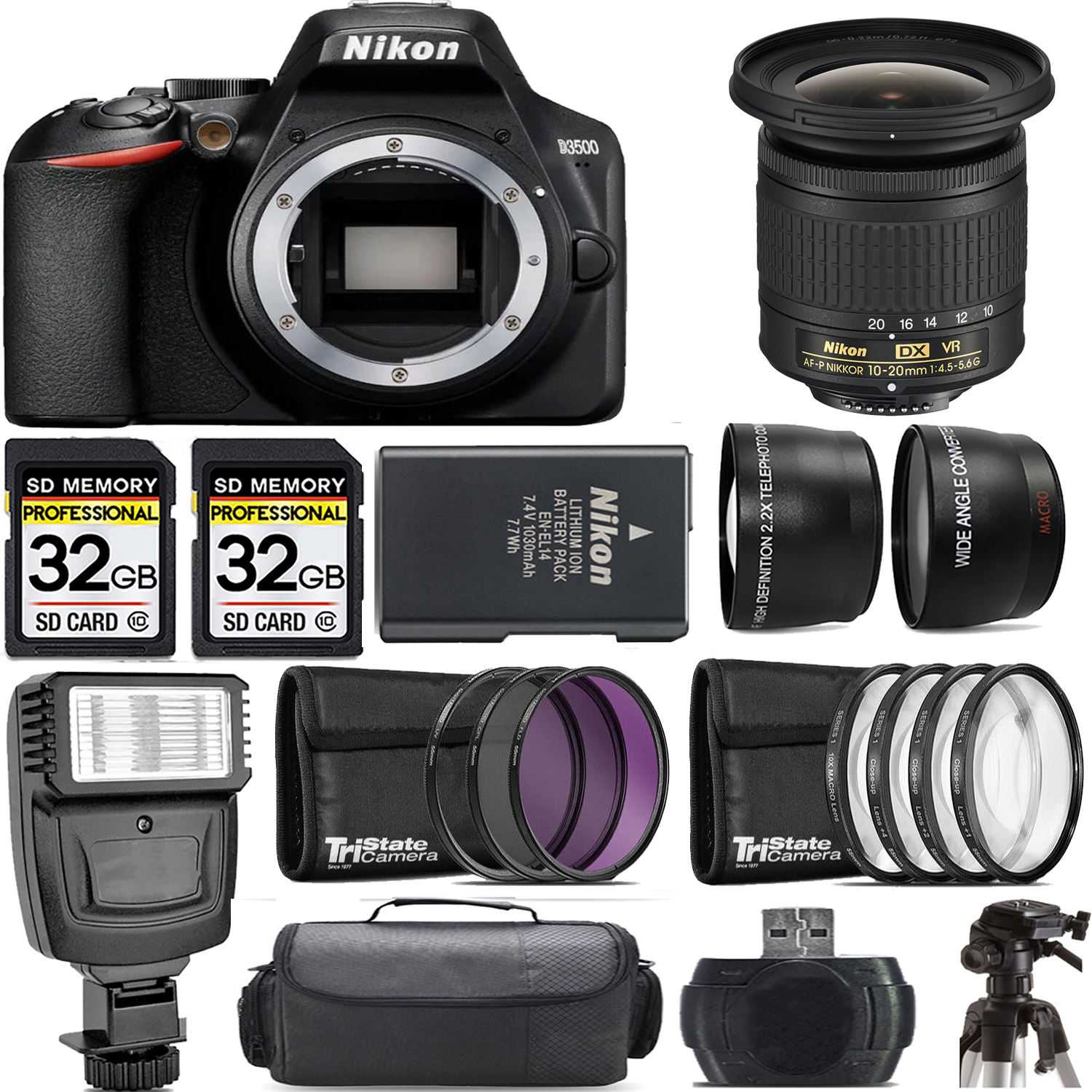 D3500 DSLR Camera (Body Only) + 10-20mm f/4.5-5.6G Lens + Flash - Kit *FREE SHIPPING*