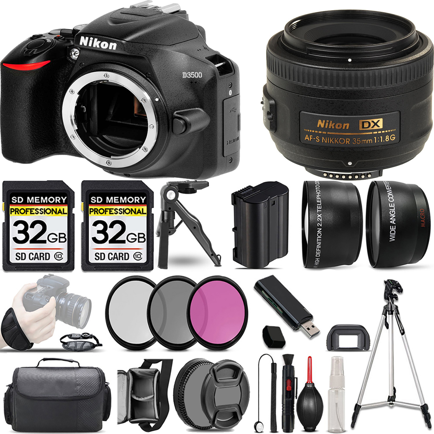 D3500 DSLR Camera (Body Only) + 35mm f/1.8 G Lens + 3 Piece Filter Set + 64GB *FREE SHIPPING*