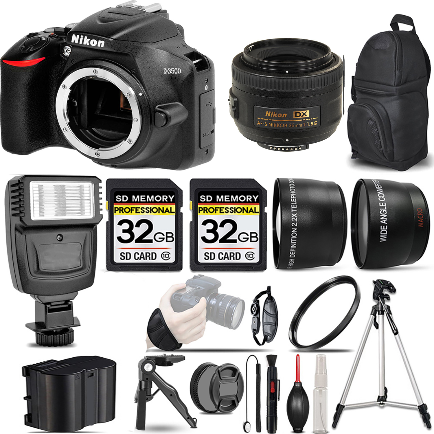 D3500 DSLR Camera (Body Only) + 35mm f/1.8 G Lens + Flash + 64GB -  Kit *FREE SHIPPING*