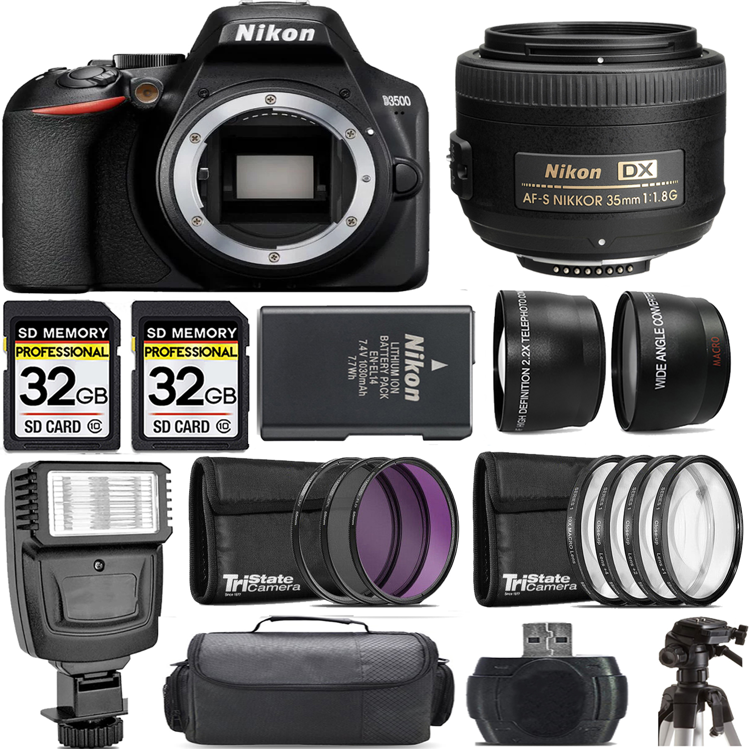 D3500 DSLR Camera (Body Only) + 35mm f/1.8 G Lens + Flash - Kit *FREE SHIPPING*