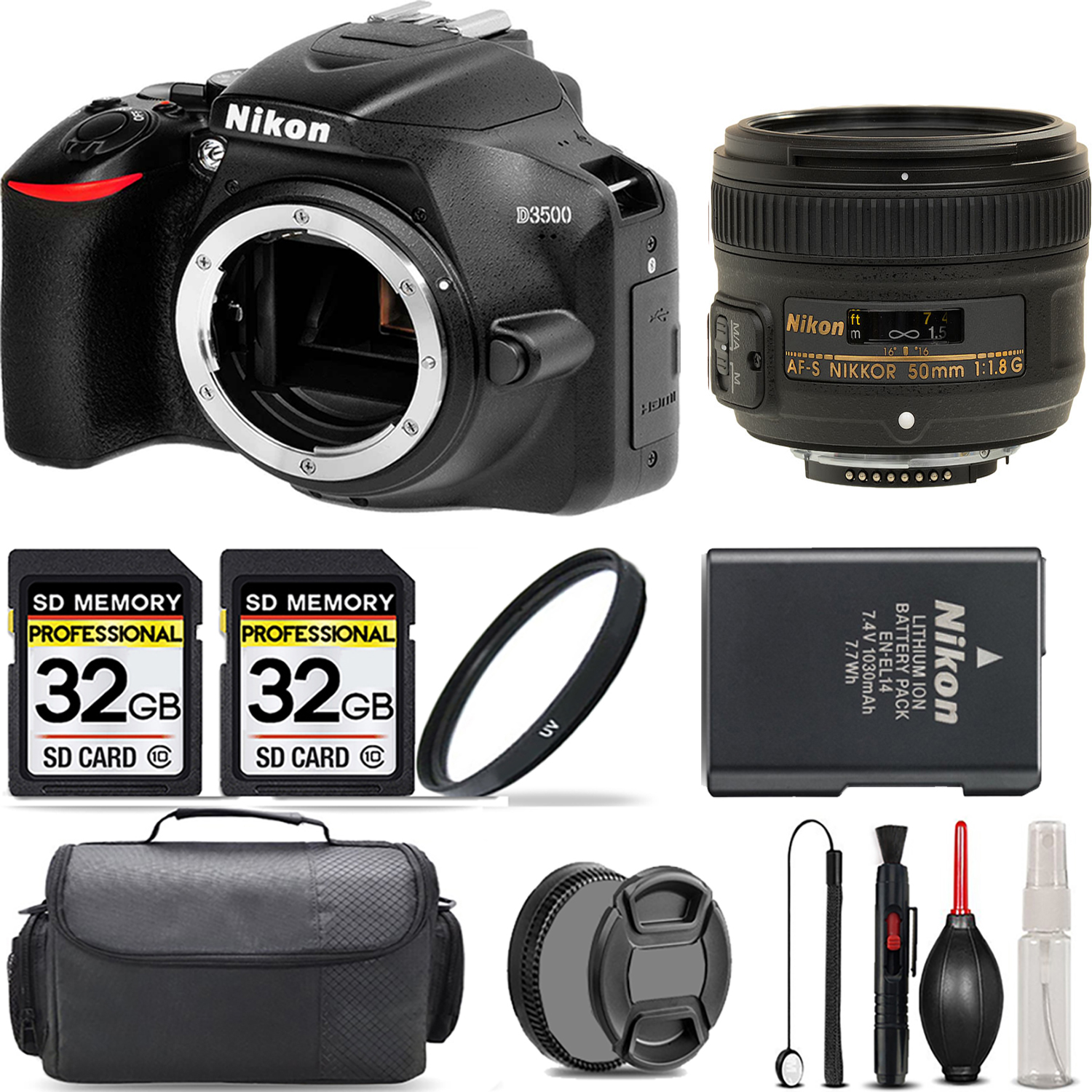 D3500 DSLR Camera (Body Only) + 50mm + UV Filter + 64GB  & More! *FREE SHIPPING*