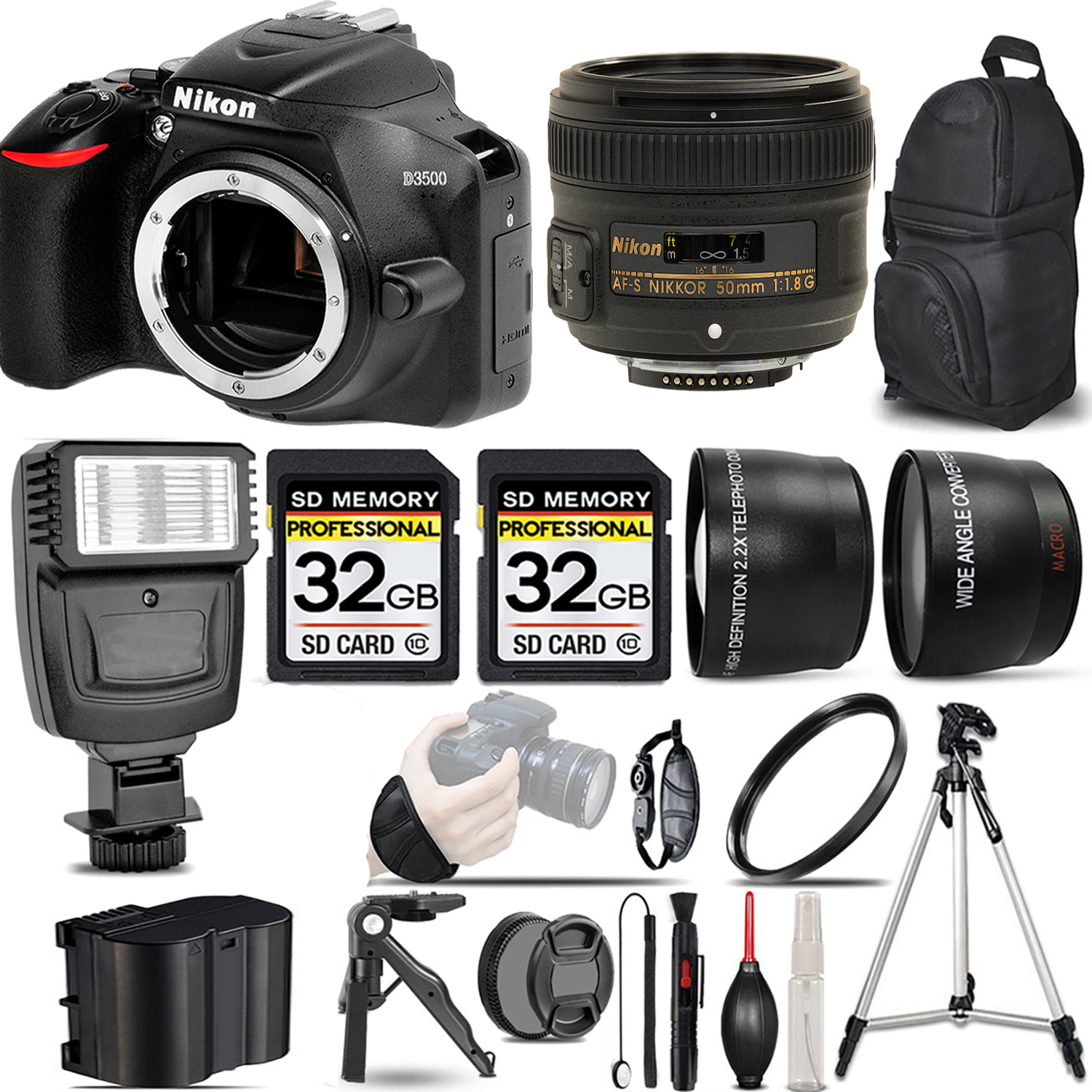 D3500 DSLR Camera (Body Only) + 50mm f/1.8 Lens + Flash + 64GB -  Kit *FREE SHIPPING*