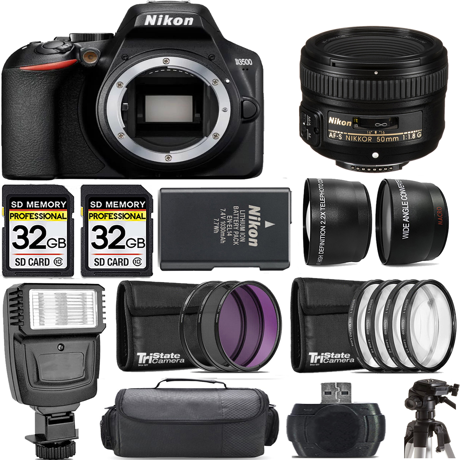 D3500 DSLR Camera (Body Only) + 50mm f/1.8 Lens + Flash - Kit *FREE SHIPPING*