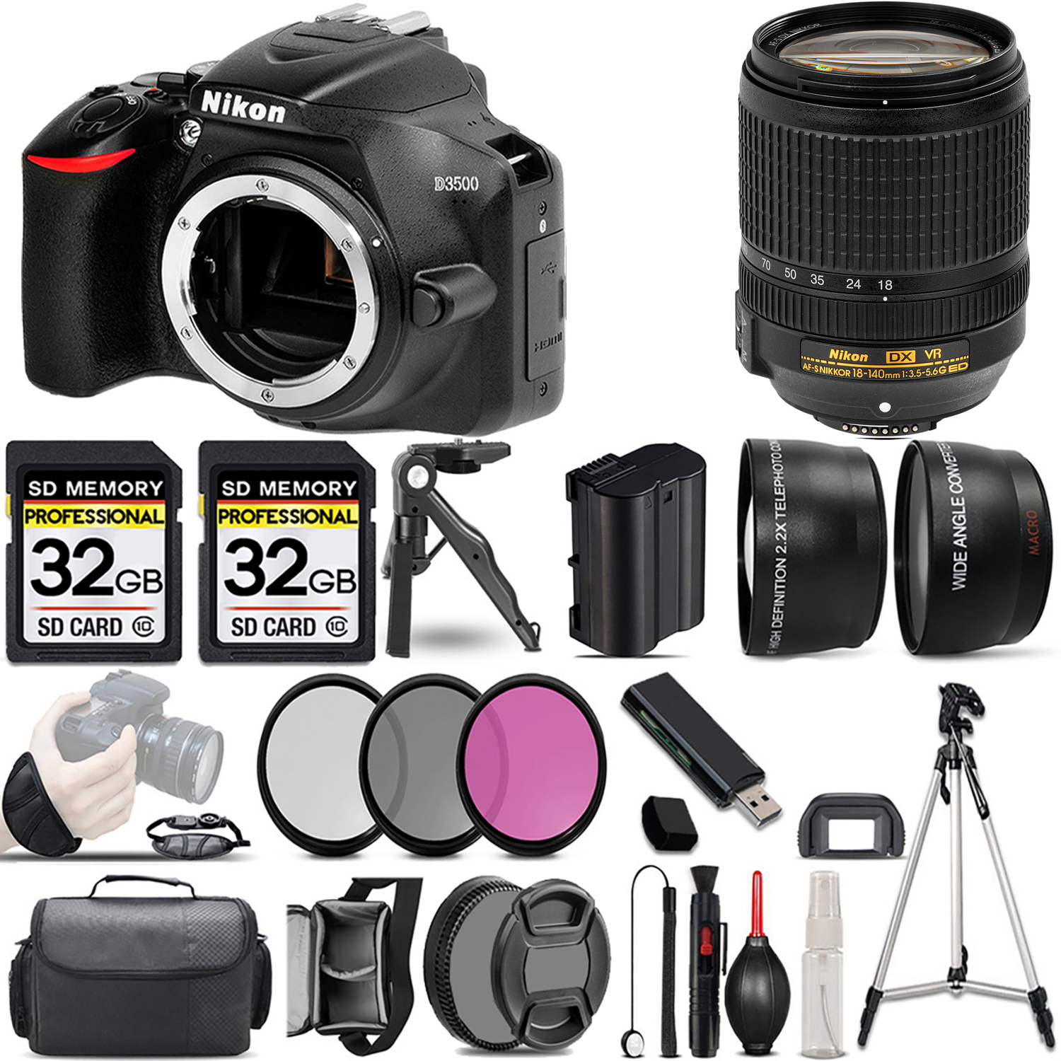 D3500 DSLR Camera (Body Only) + 18-140mm Lens + 3 Piece Filter Set + 64GB *FREE SHIPPING*