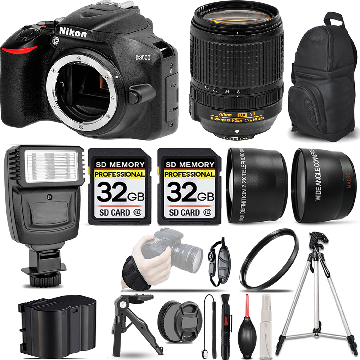 D3500 DSLR Camera (Body Only) + 18-140mm Lens + Flash + 64GB -  Kit *FREE SHIPPING*