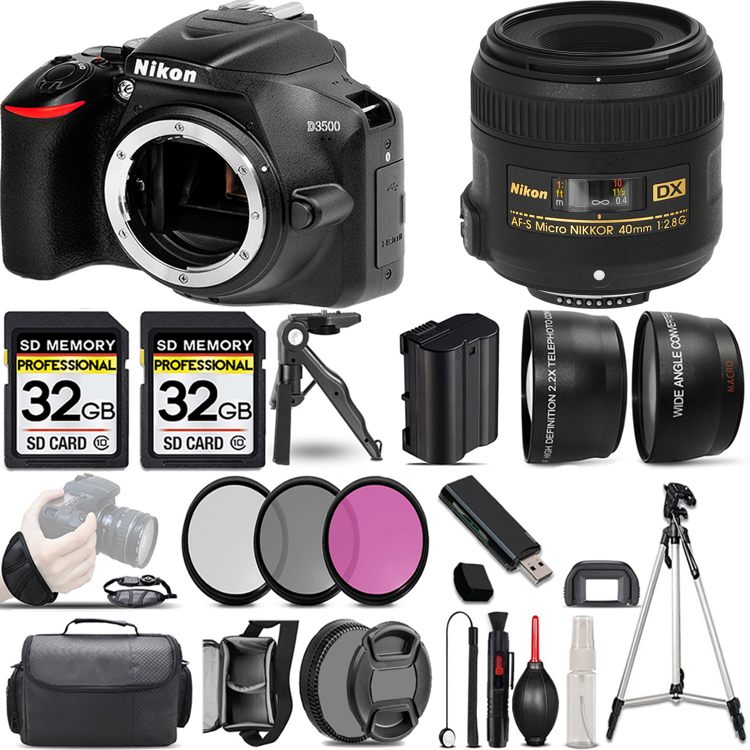 D3500 DSLR Camera (Body Only) + 40mm Lens + 3 Piece Filter Set + 64GB *FREE SHIPPING*