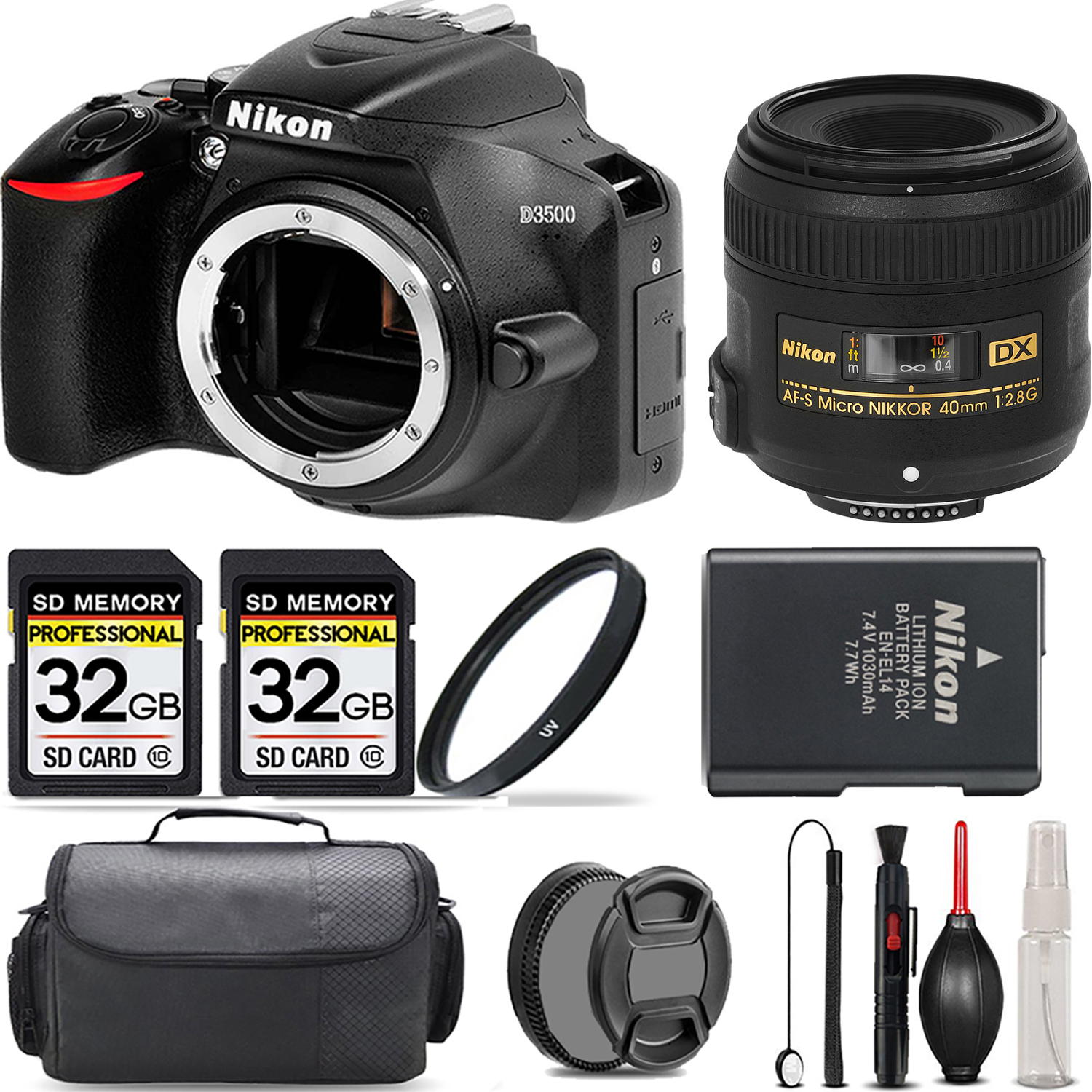 D3500 DSLR Camera (Body Only) + 40mm Lens + UV Filter + 64GB  & More! *FREE SHIPPING*