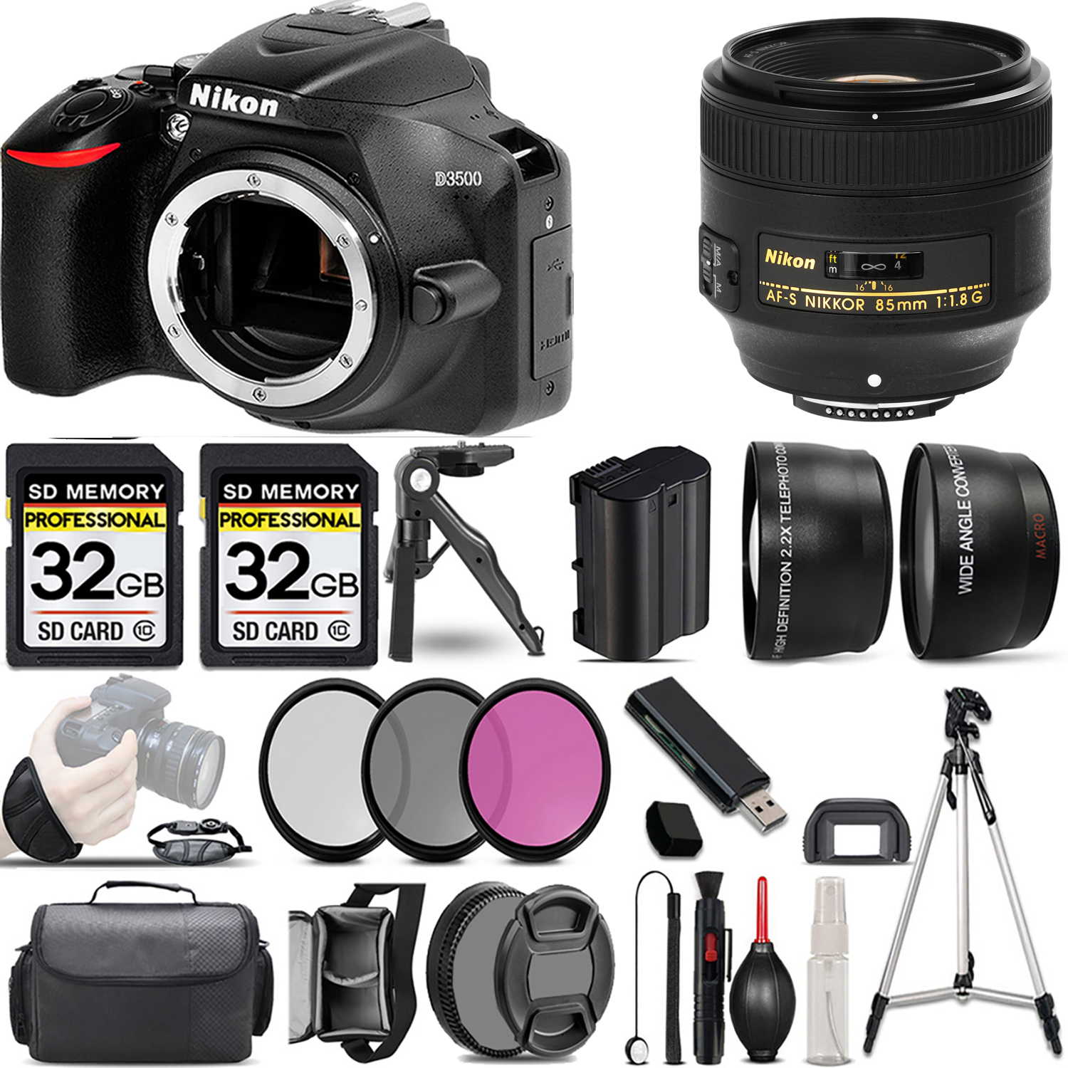 D3500 DSLR Camera (Body Only) + 85mm f/1.8G Lens + 3 Piece Filter Set + 64GB *FREE SHIPPING*