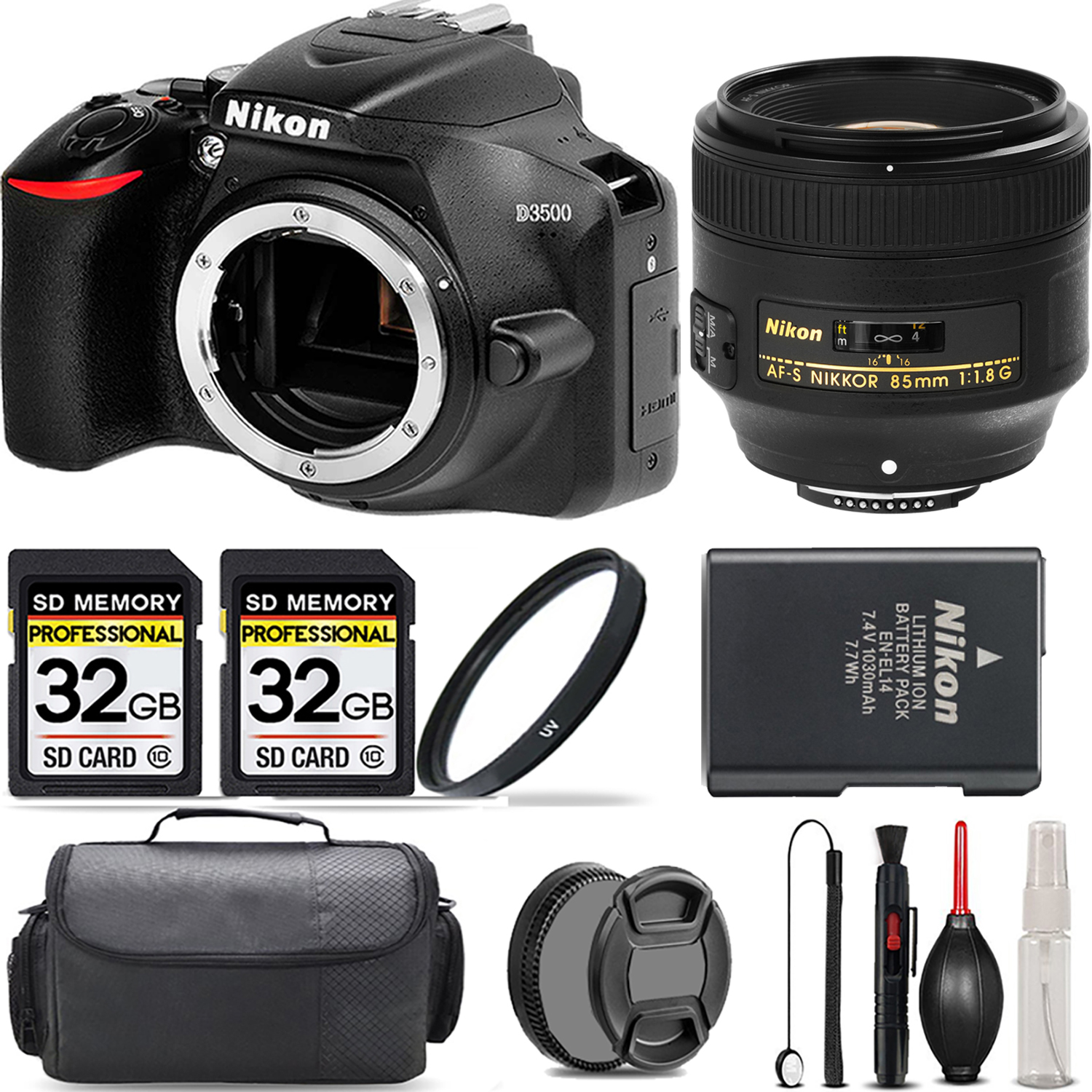 D3500 DSLR Camera (Body Only) + 85mm Lens + UV Filter + 64GB  & More! *FREE SHIPPING*