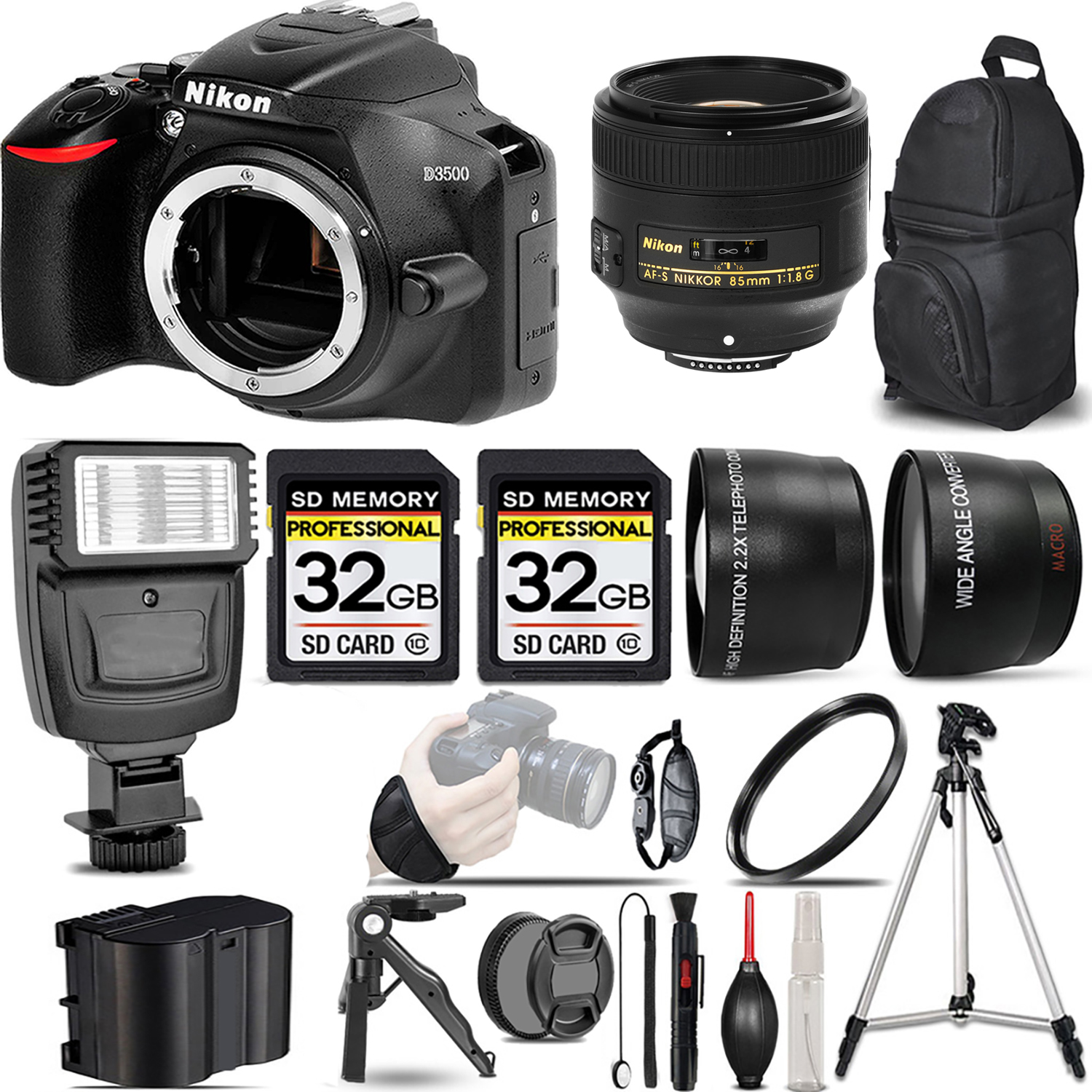 D3500 DSLR Camera (Body Only) + 85mm f/1.8G Lens + Flash + 64GB -  Kit *FREE SHIPPING*