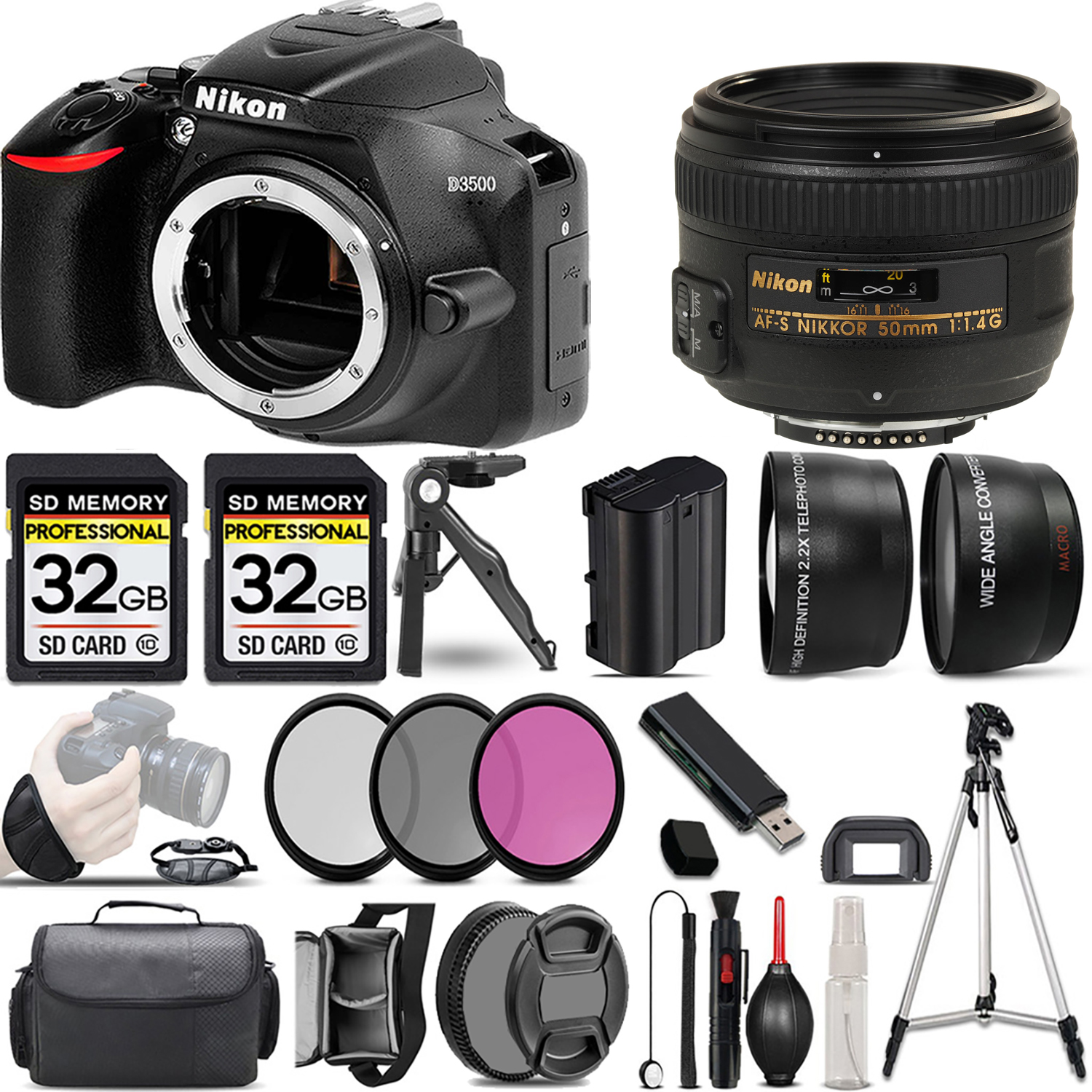D3500 DSLR Camera (Body Only) + 50mm f/1.4G Lens + 3 Piece Filter Set + 64GB *FREE SHIPPING*