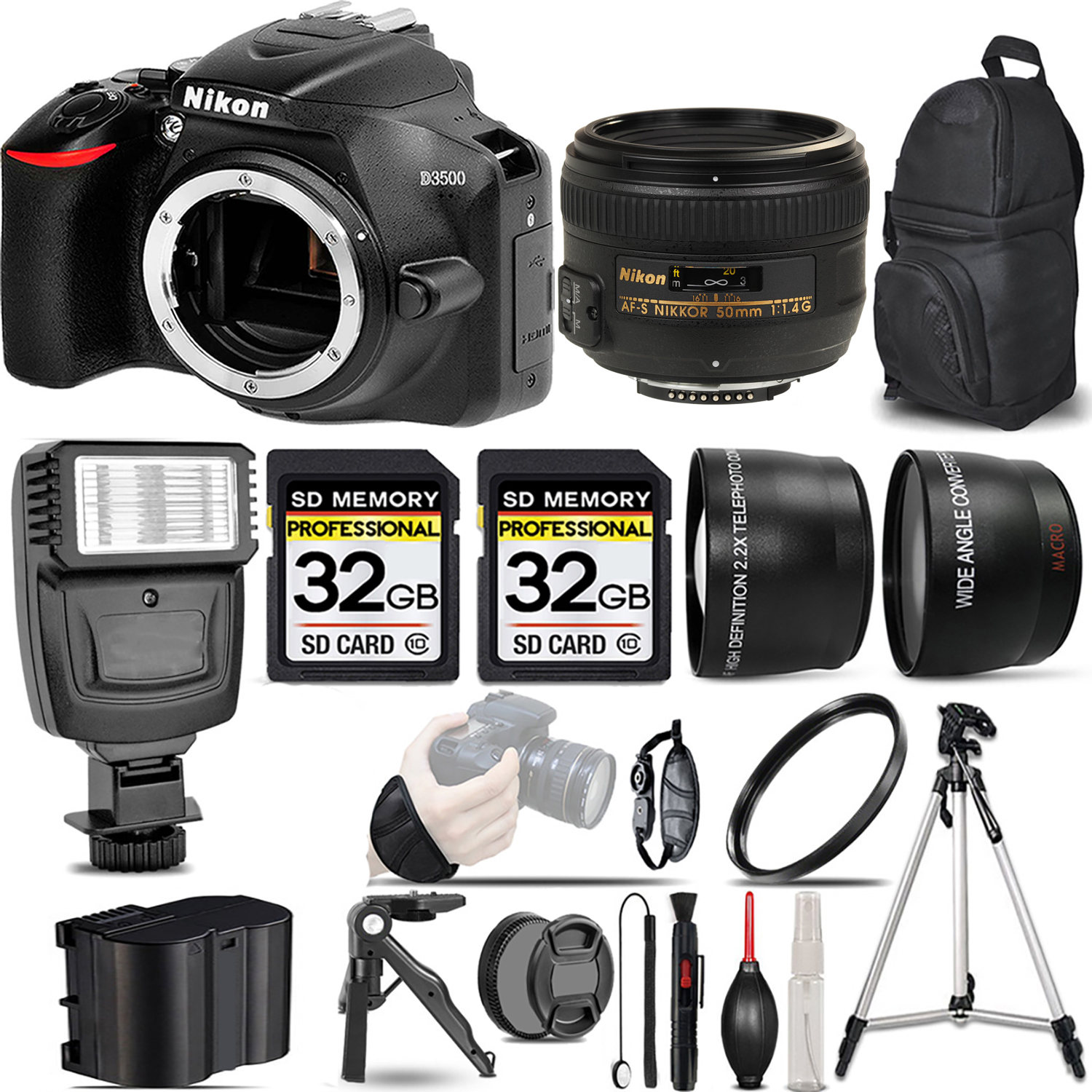 D3500 DSLR Camera (Body Only) + 50mm f/1.4G Lens + Flash + 64GB -  Kit *FREE SHIPPING*
