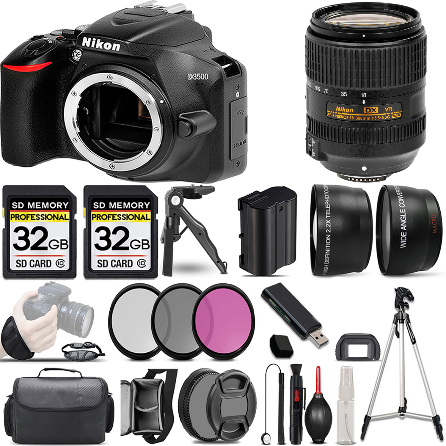 D3500 DSLR Camera (Body Only) + 18- 300mm Lens + 3 Piece Filter Set + 64GB *FREE SHIPPING*