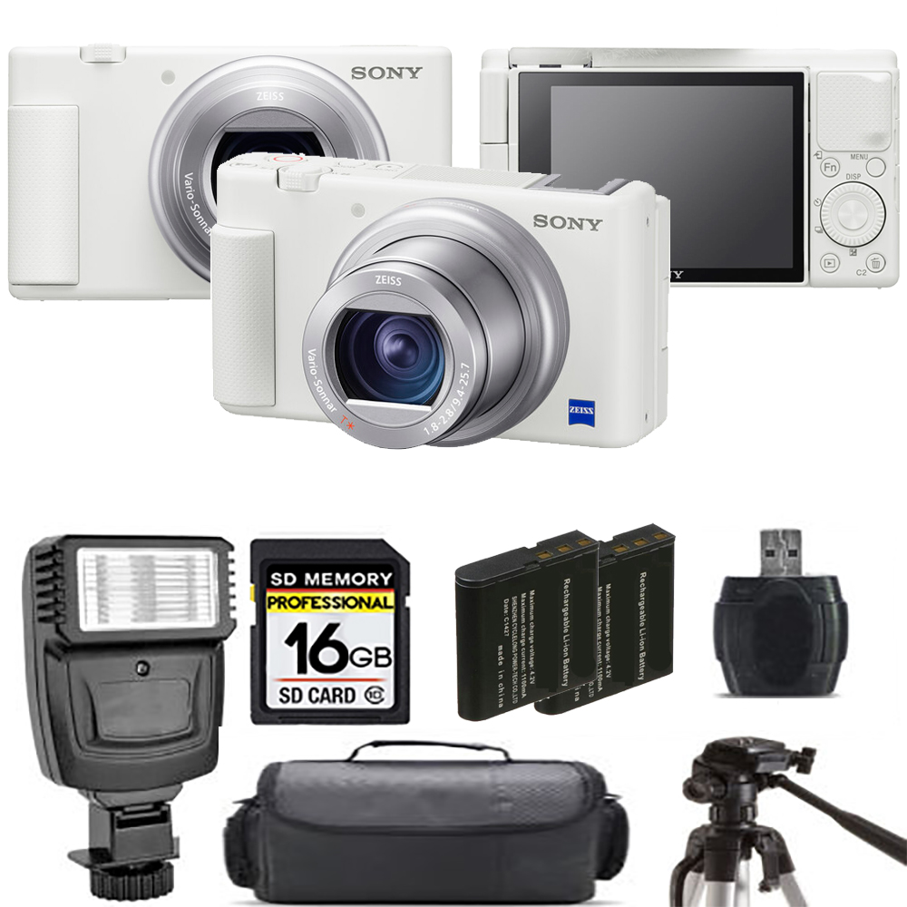 ZV-1 Digital Camera (White) + Extra Battery + Flash - 16GB Kit *FREE SHIPPING*