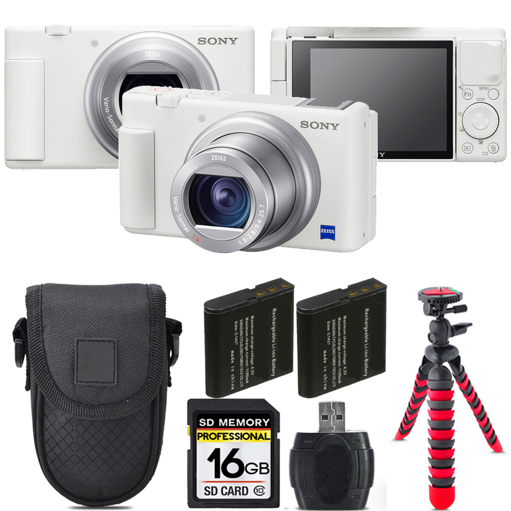 ZV-1 Digital Camera (White) + Extra Battery + Tripod + Case -16GB Kit *FREE SHIPPING*