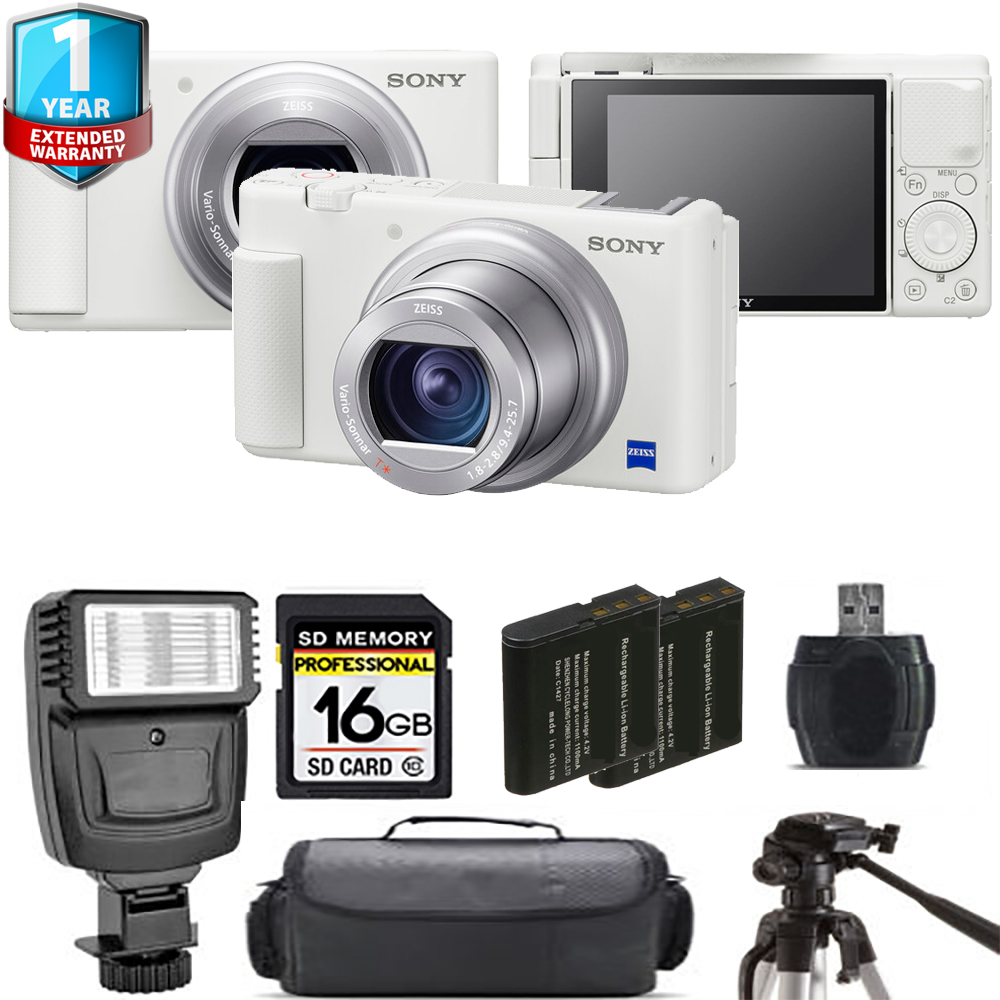 ZV-1 Digital Camera (White) + Extra Battery + Flash + 1 Year Extended Warranty *FREE SHIPPING*