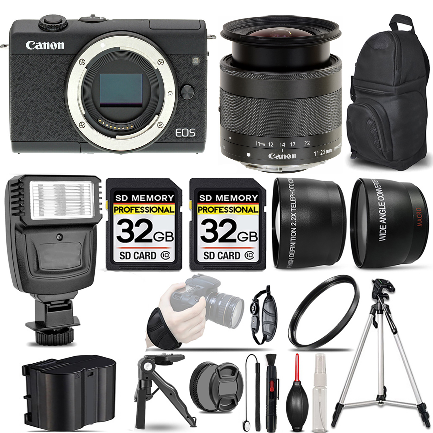 EOS M200 Camera (Black) +11-22mm f/4-5.6 IS STM Lens +Flash +64GB- Kit *FREE SHIPPING*