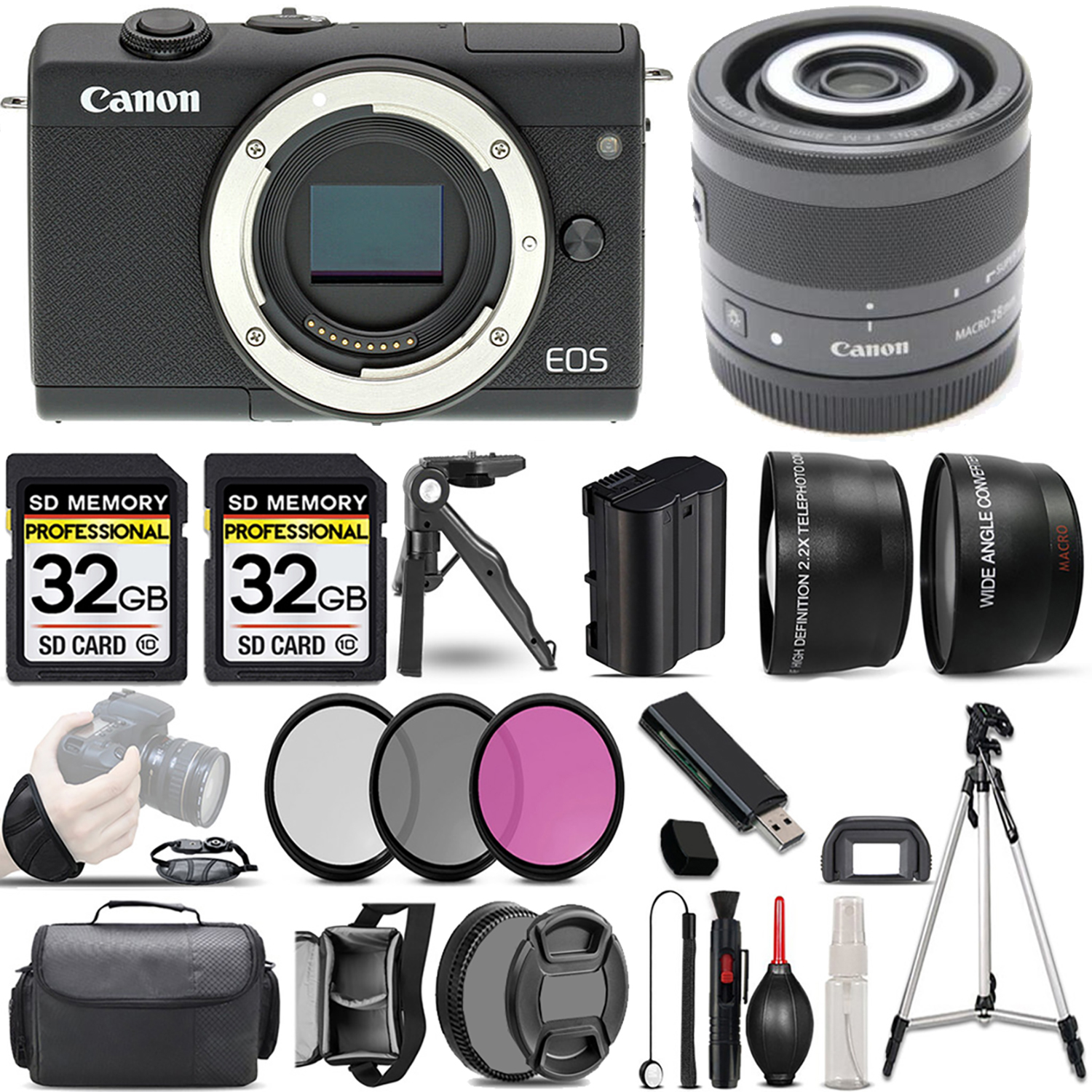 EOS M200  Camera (Black) + 28mm f/3.5 Macro IS STM Lens + 3 Piece Filter Set + 64GB *FREE SHIPPING*