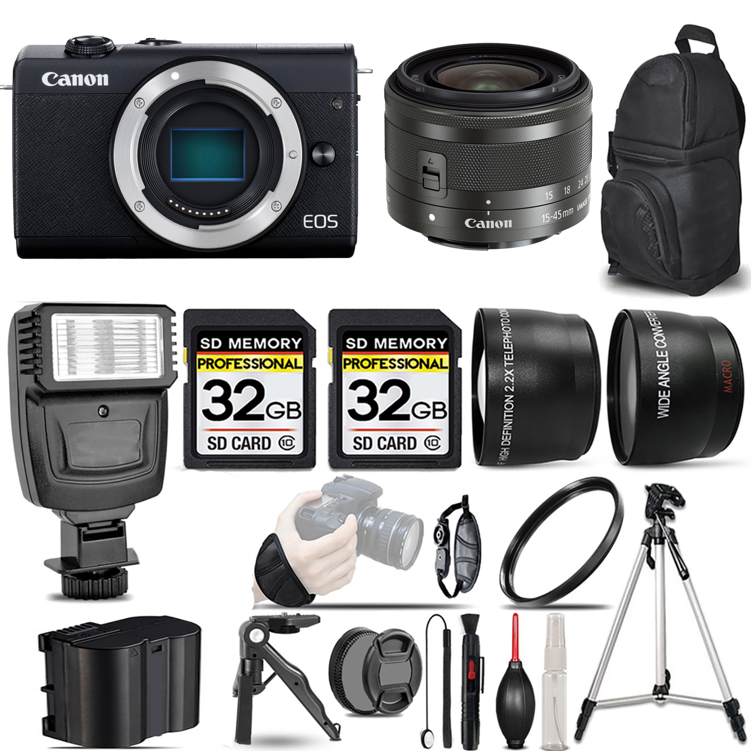 EOS M200  Camera (Black) + 15-45mm IS STM Lens (Graphite) + Flash + 64GB - Kit *FREE SHIPPING*