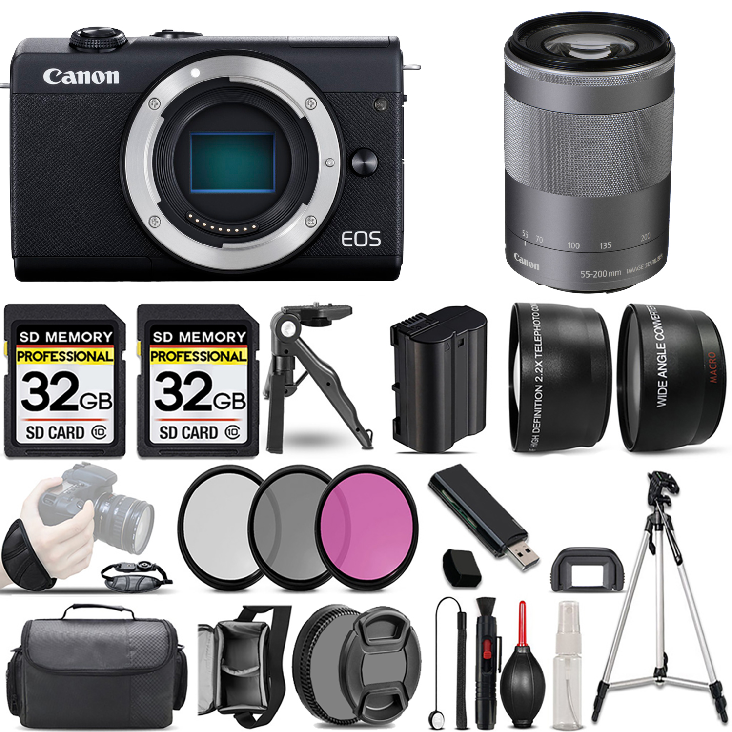 EOS M200 Camera (Black) + 55-200mm IS STM Lens (Silver) + 3 Piece Filter Set + 64GB *FREE SHIPPING*