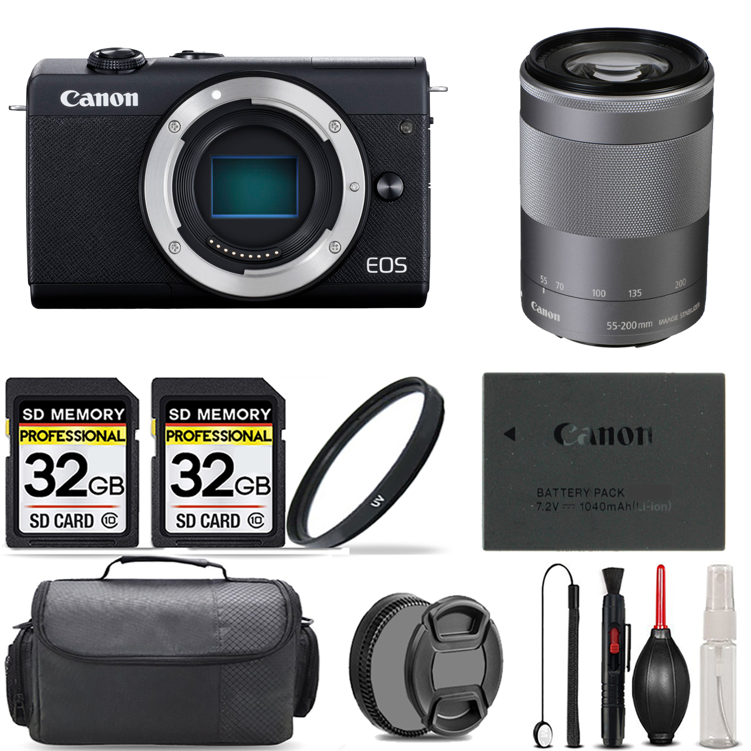 EOS M200  Camera (Black) + 55-200mm IS STM Lens (Silver) + UV Filter + 64GB *FREE SHIPPING*