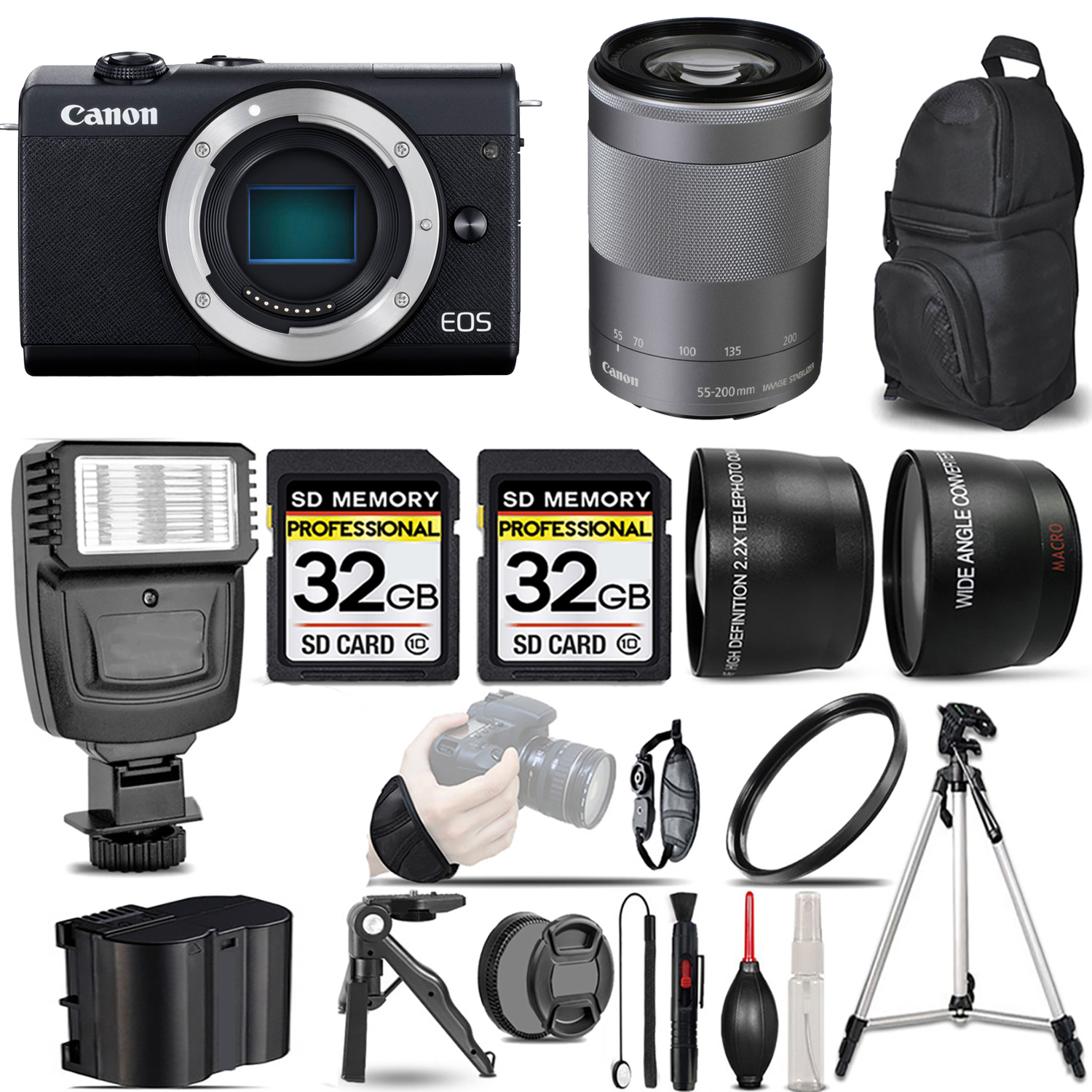 EOS M200  Camera (Black) + 55-200mm IS STM Lens (Silver) + Flash + 64GB - Kit *FREE SHIPPING*