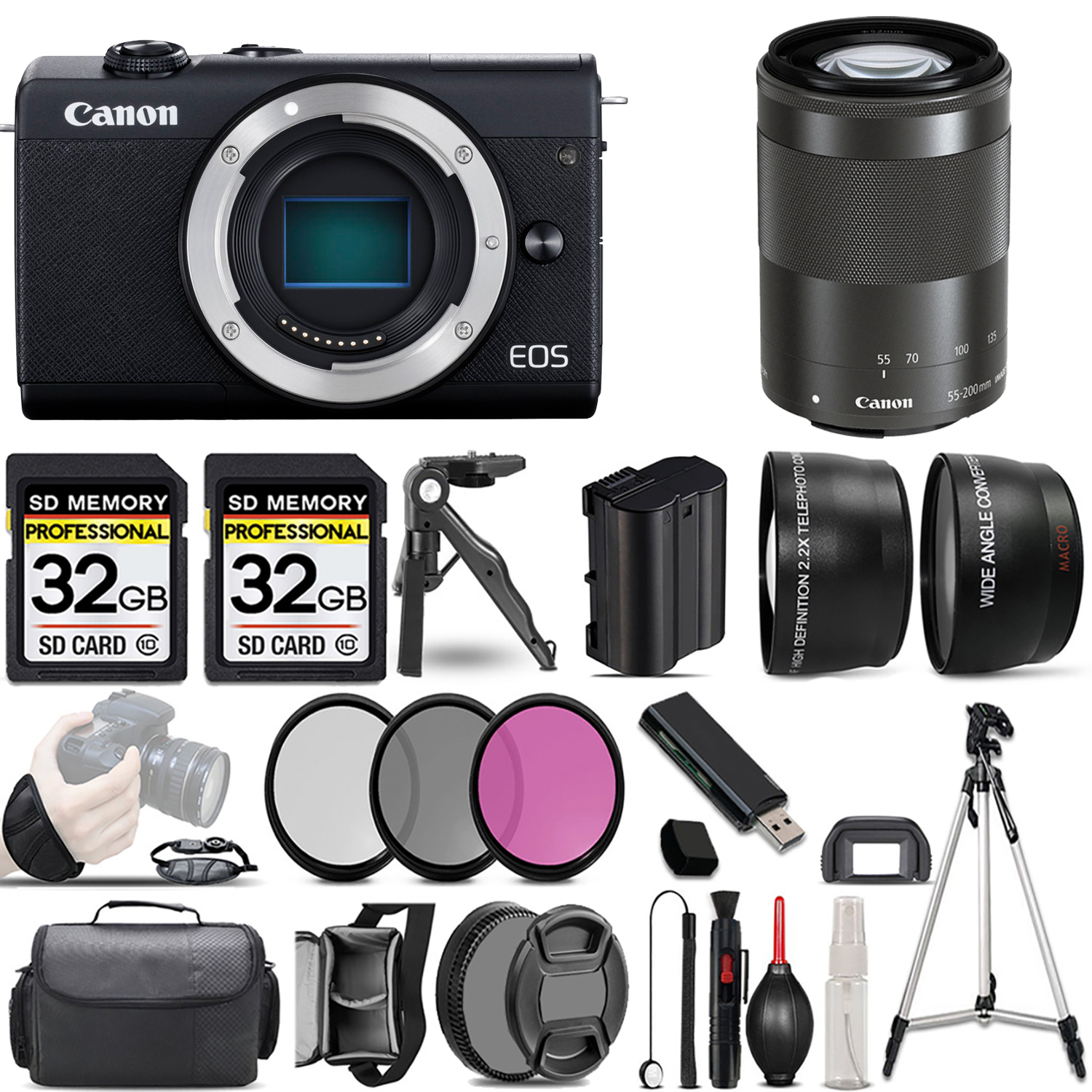 EOS M200  Camera (Black) + 55-200mm IS STM Lens (Black) + 3 Piece Filter Set + 64GB *FREE SHIPPING*