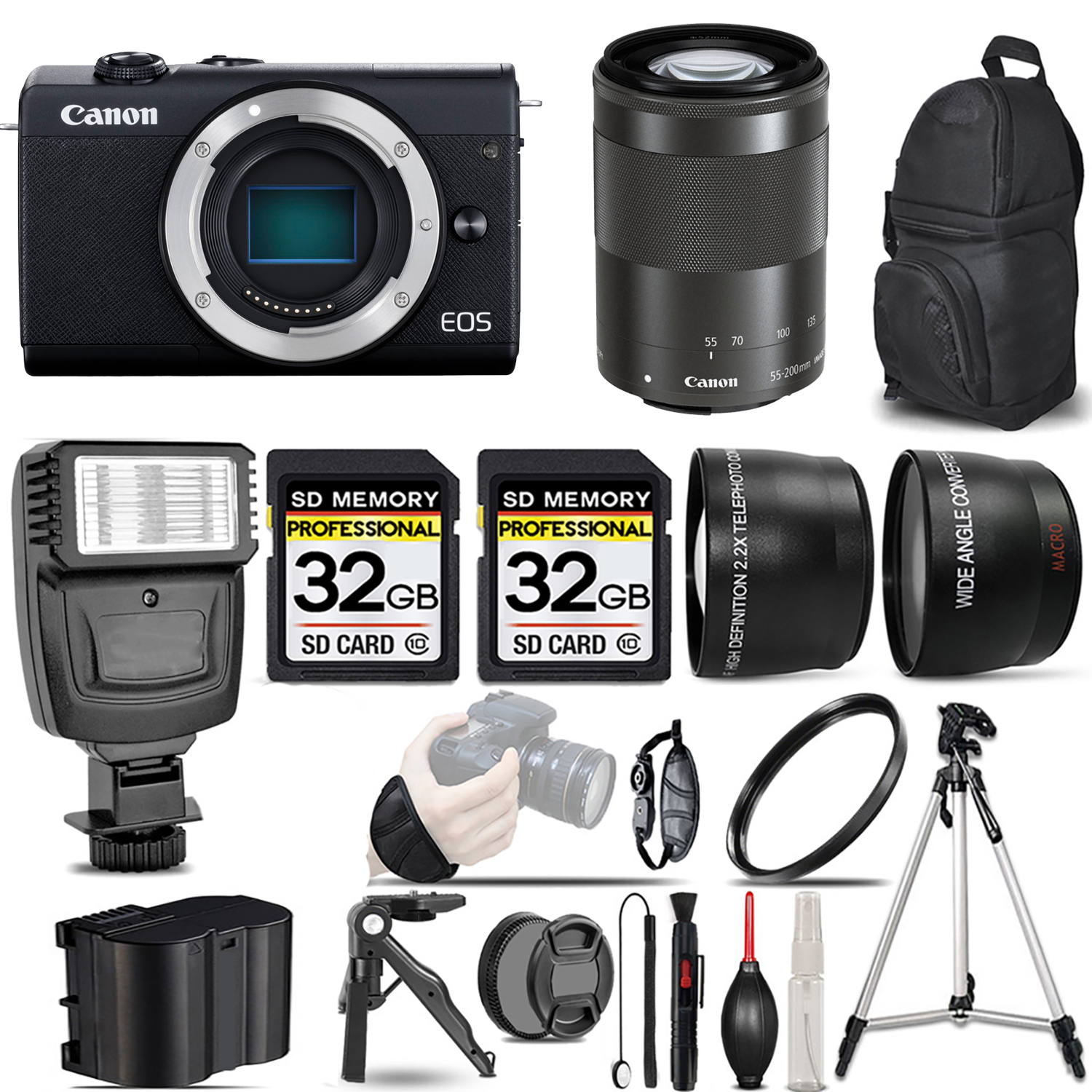 EOS M200  Camera (Black) + 55-200mm IS STM Lens (Black) + Flash + 64GB *FREE SHIPPING*