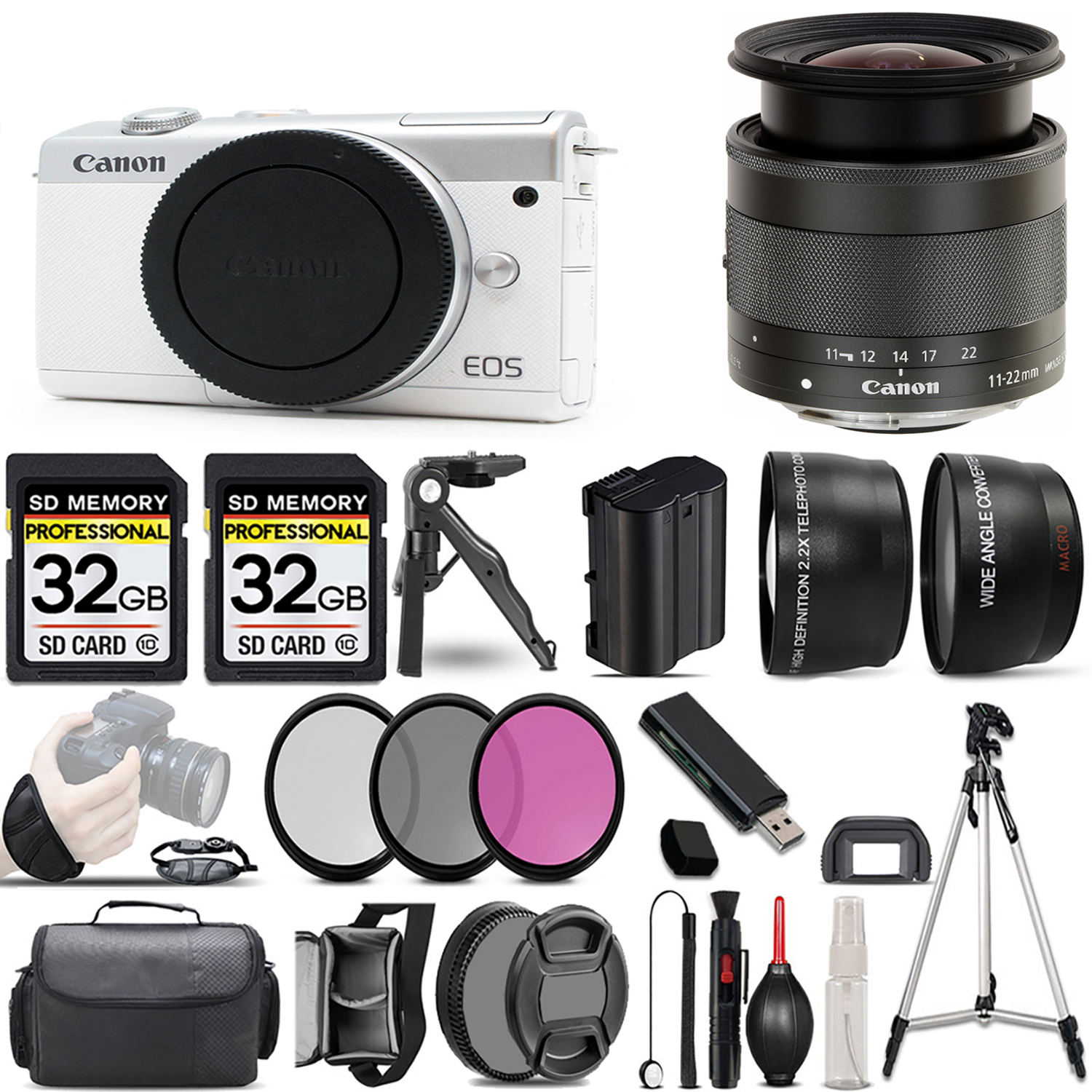 EOS M200  Camera (White) + 11-22mm f/4-5.6 IS STM Lens + 3 Piece Filter Set + 64GB *FREE SHIPPING*