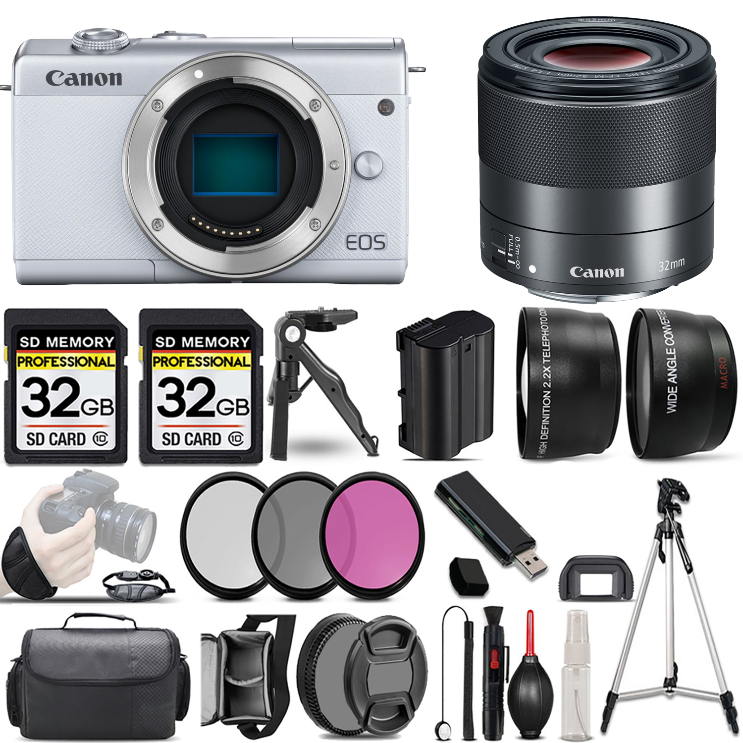 EOS M200  Camera (White) + 32mm f/1.4 STM Lens + 3 Piece Filter Set + 64GB *FREE SHIPPING*