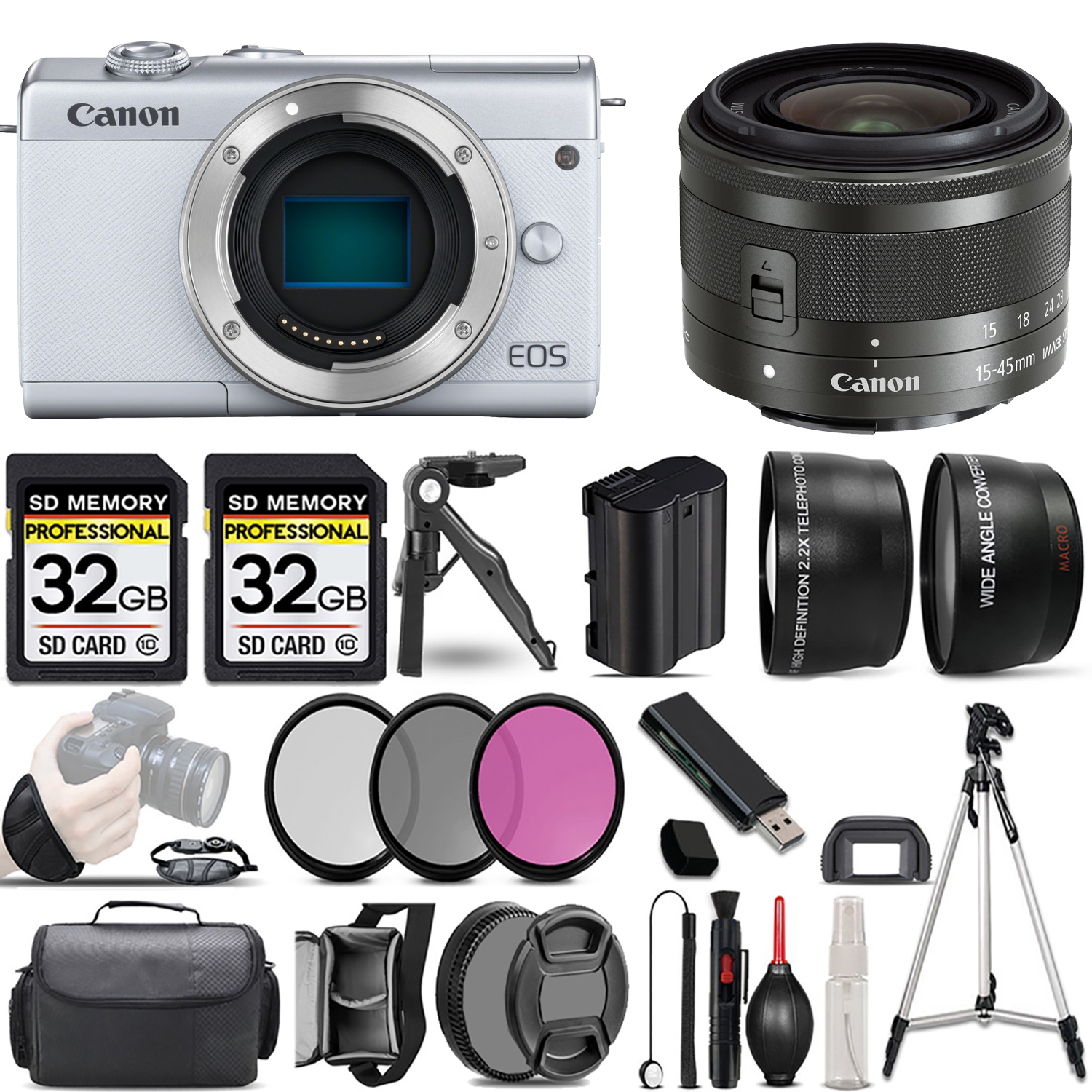 EOS M200  Camera (White) + 15-45mm IS STM Lens (Graphite) + 3 Piece Filter Set + 64GB *FREE SHIPPING*