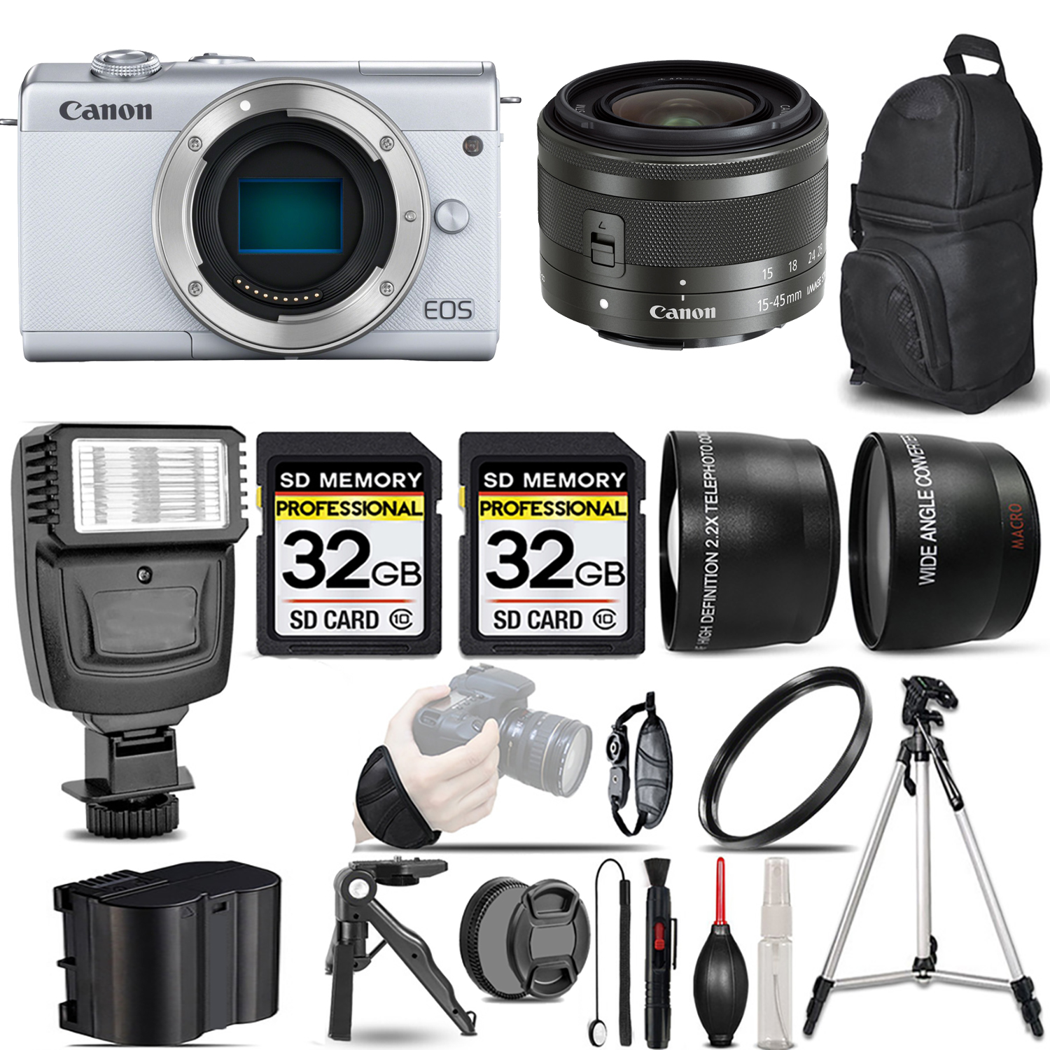 EOS M200  Camera (White) + 15-45mm IS STM Lens (Graphite) + Flash + 64GB - Kit *FREE SHIPPING*