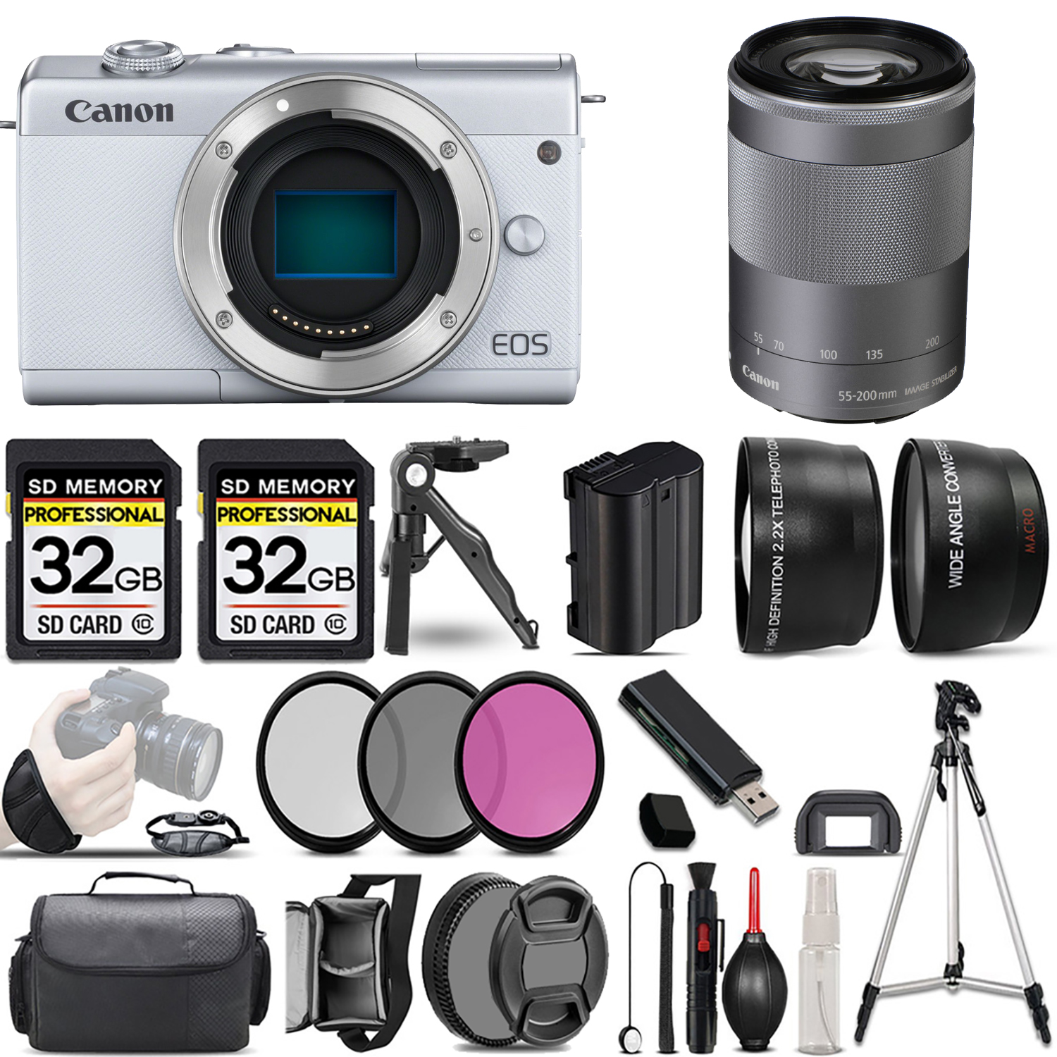 EOS M200 Camera (White) + 55-200mm IS STM Lens (Silver) + 3 Piece Filter Set + 64GB *FREE SHIPPING*