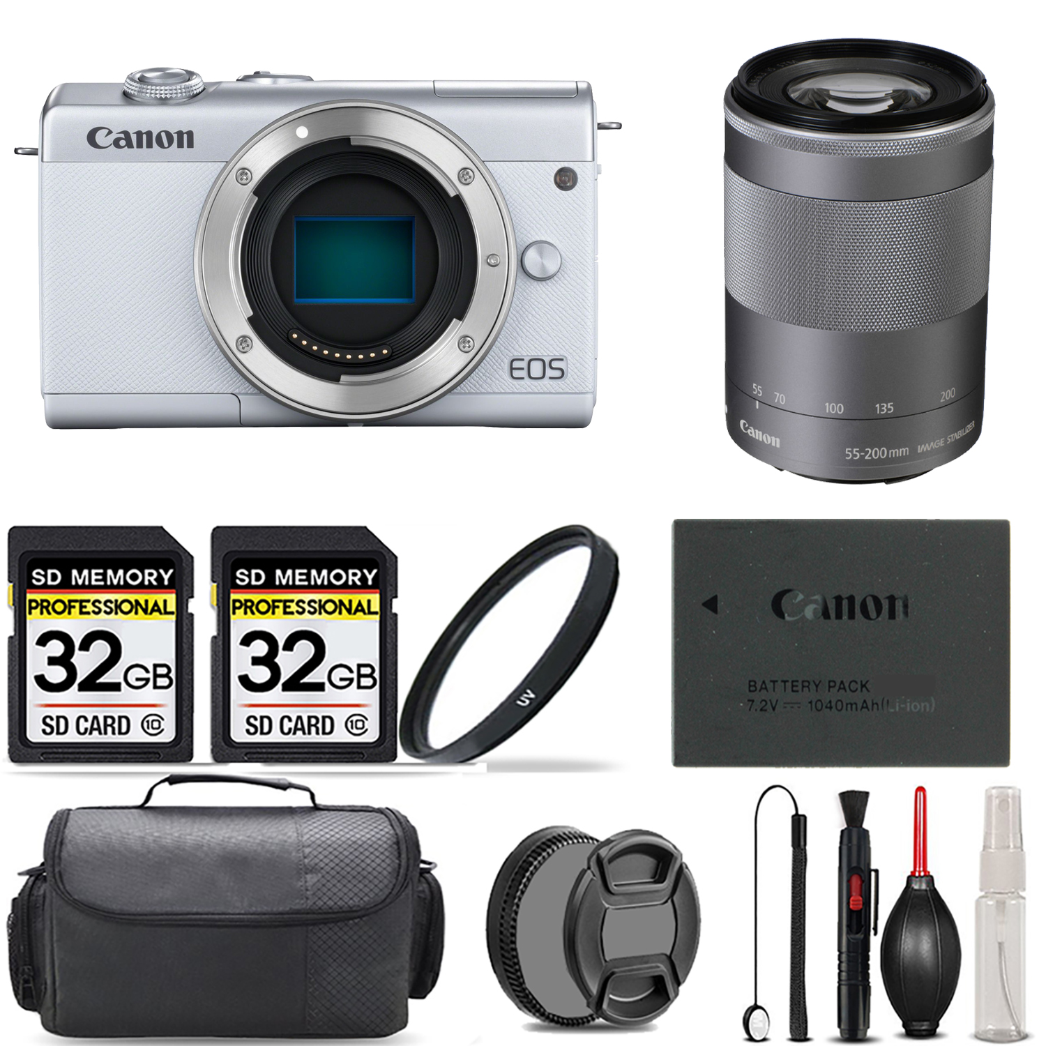 EOS M200 Camera (White) + 55-200mm IS STM Lens (Silver) + UV Filter + 64GB *FREE SHIPPING*