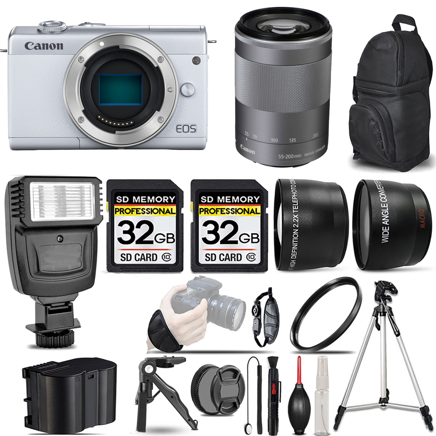 EOS M200  Camera (White) + 55-200mm IS STM Lens (Silver) + Flash + 64GB - Kit *FREE SHIPPING*