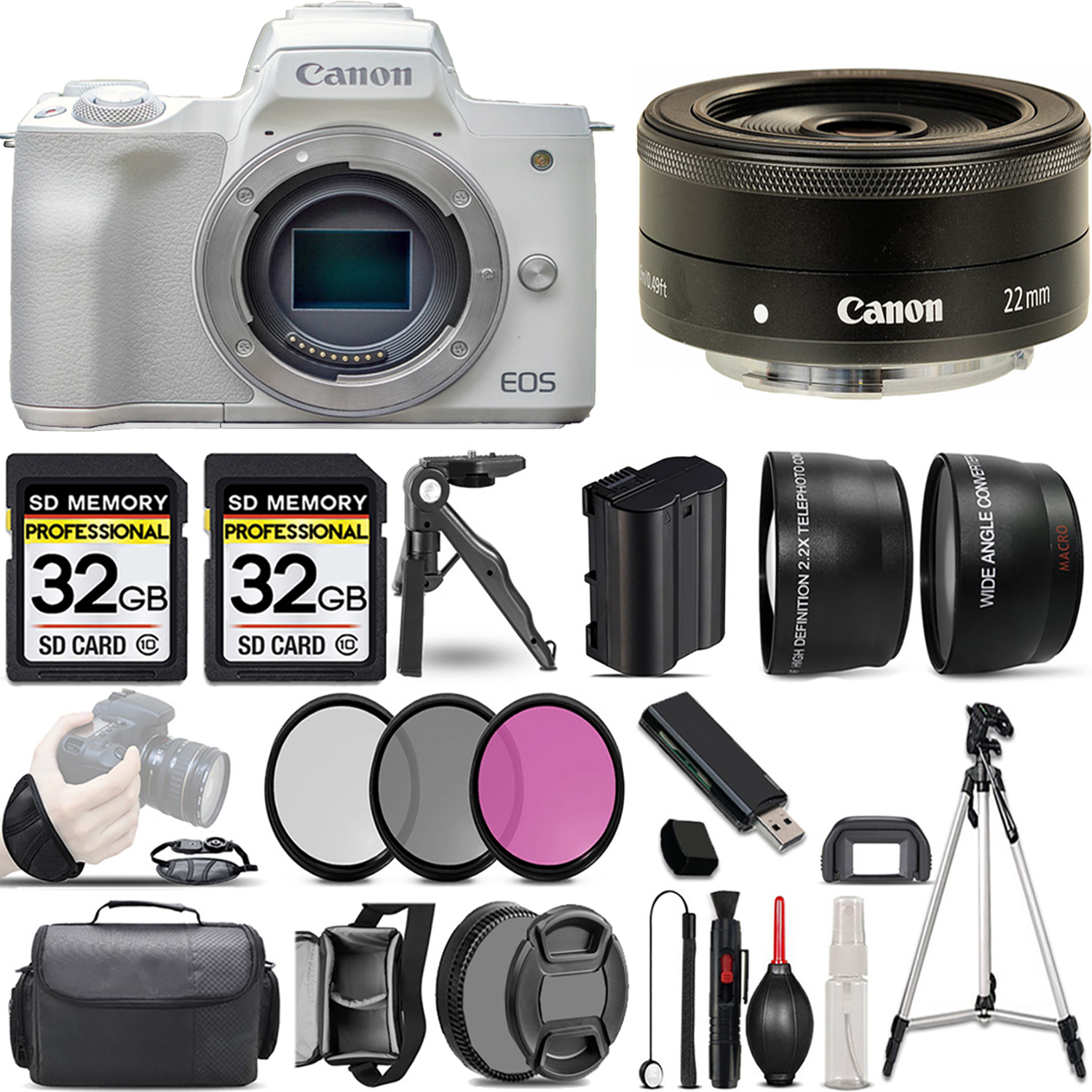 EOS M50 Mark II Camera (White) + 22mm f/2 STM Lens + 3 Piece Filter Set + 64GB *FREE SHIPPING*