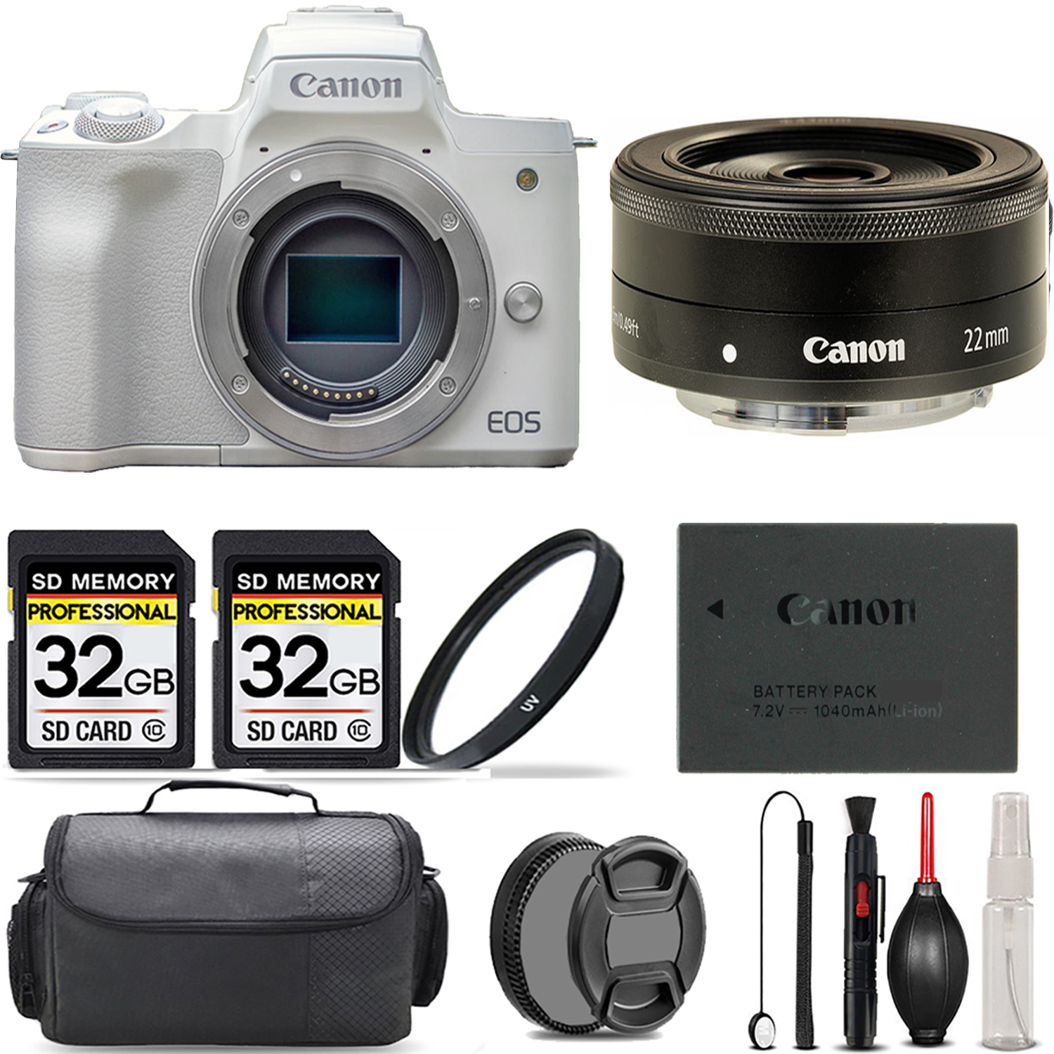 EOS M50 Mark II Camera (White) + 22mm f/2 STM Lens + UV Filter + 64GB + Bag *FREE SHIPPING*