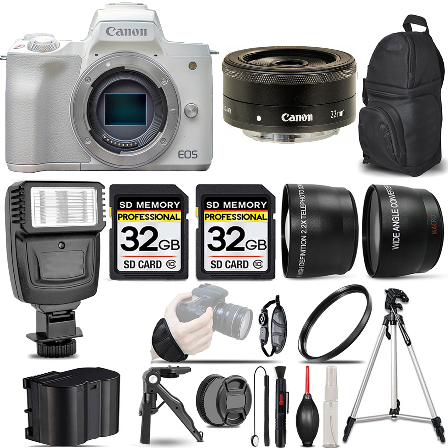 EOS M50 Mark II Camera (White) + 22mm f/2 STM Lens + Flash + 64GB - Kit *FREE SHIPPING*