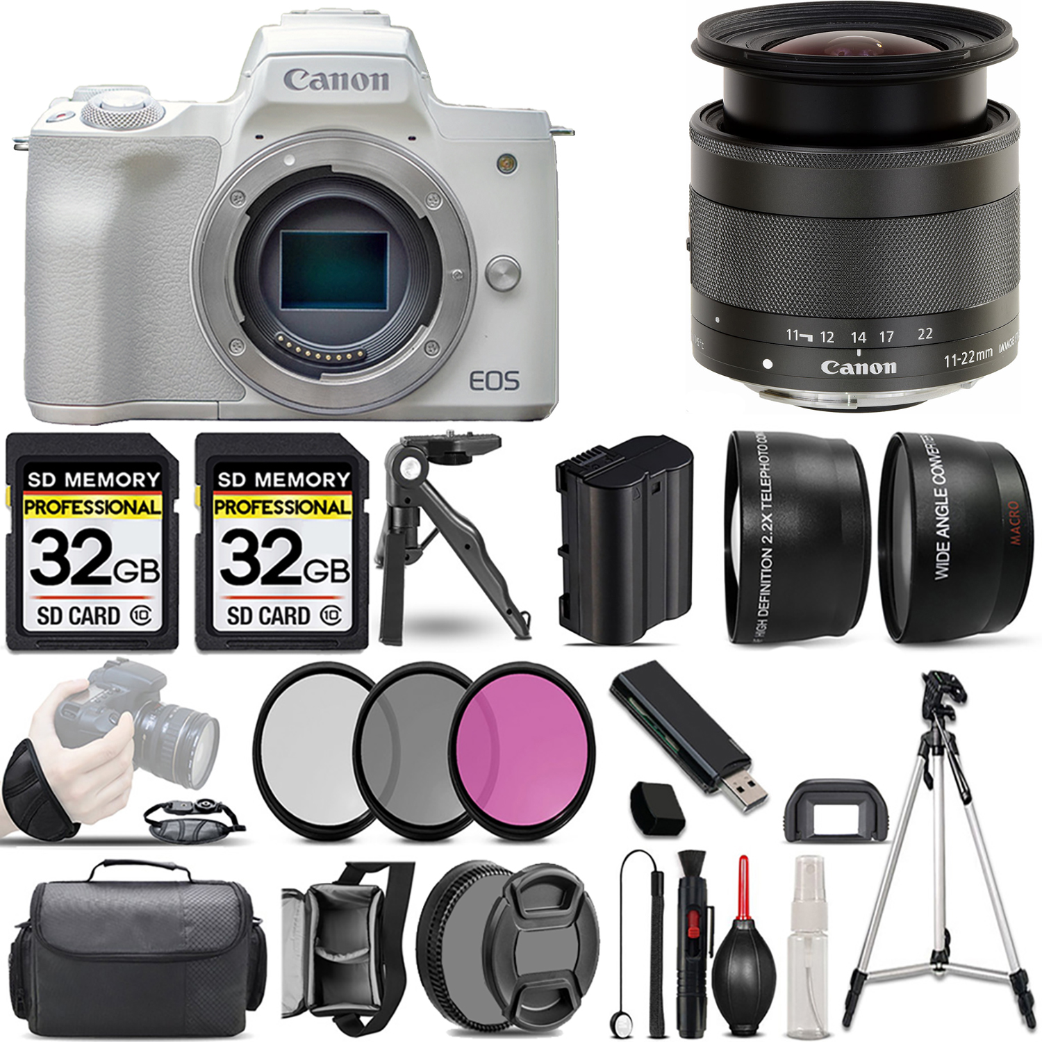 EOS M50 Mark II Camera (White) + 11-22mm f/4-5.6 IS STM Lens + 3 Piece Filter Set + 64GB *FREE SHIPPING*