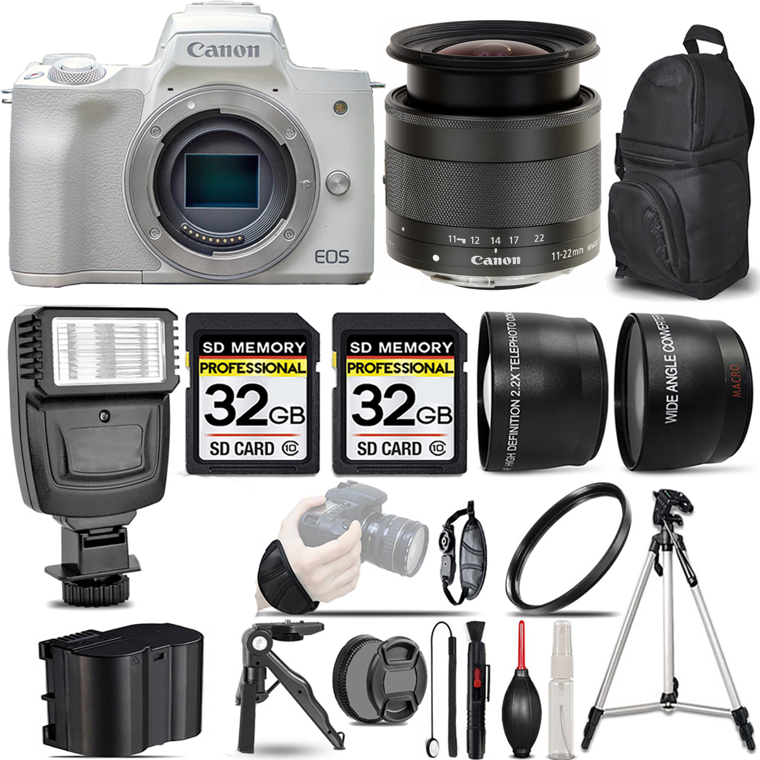 EOS M50 Mark II Camera (White) + 11-22mm f/4-5.6 IS STM Lens + Flash + 64GB - Kit *FREE SHIPPING*