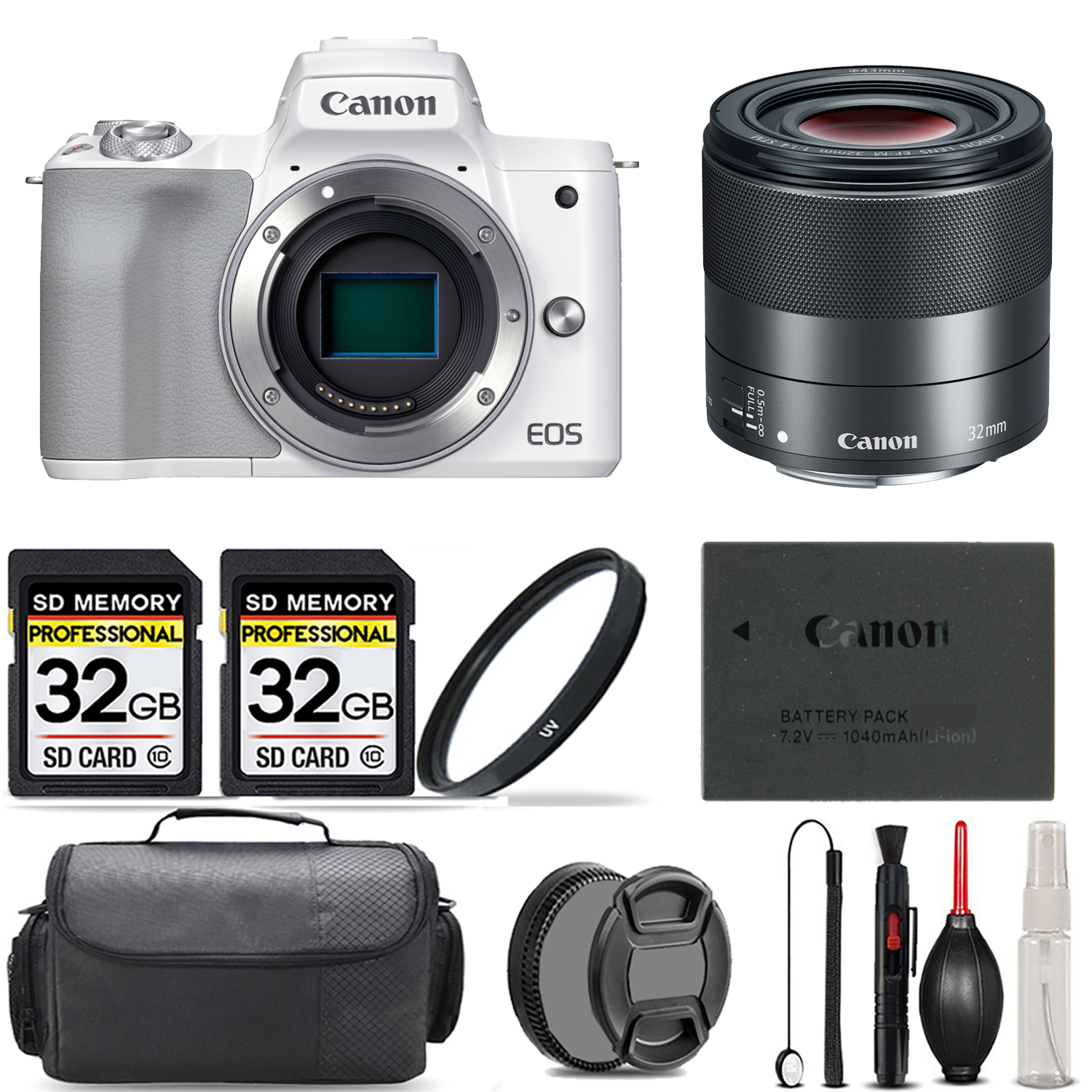 EOS M50 Mark II Camera (White) + 32mm f/1.4 STM Lens + UV Filter + 64GB - Kit *FREE SHIPPING*