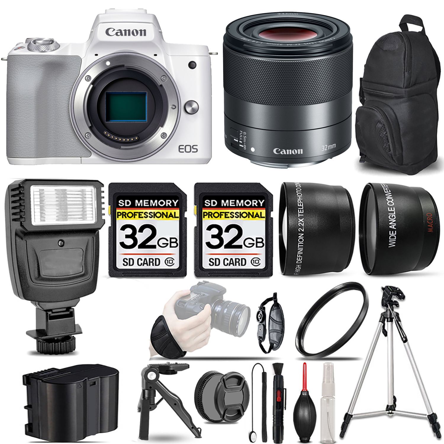 EOS M50 Mark II Camera (White) + 32mm f/1.4 STM Lens + Flash + 64GB - Kit *FREE SHIPPING*